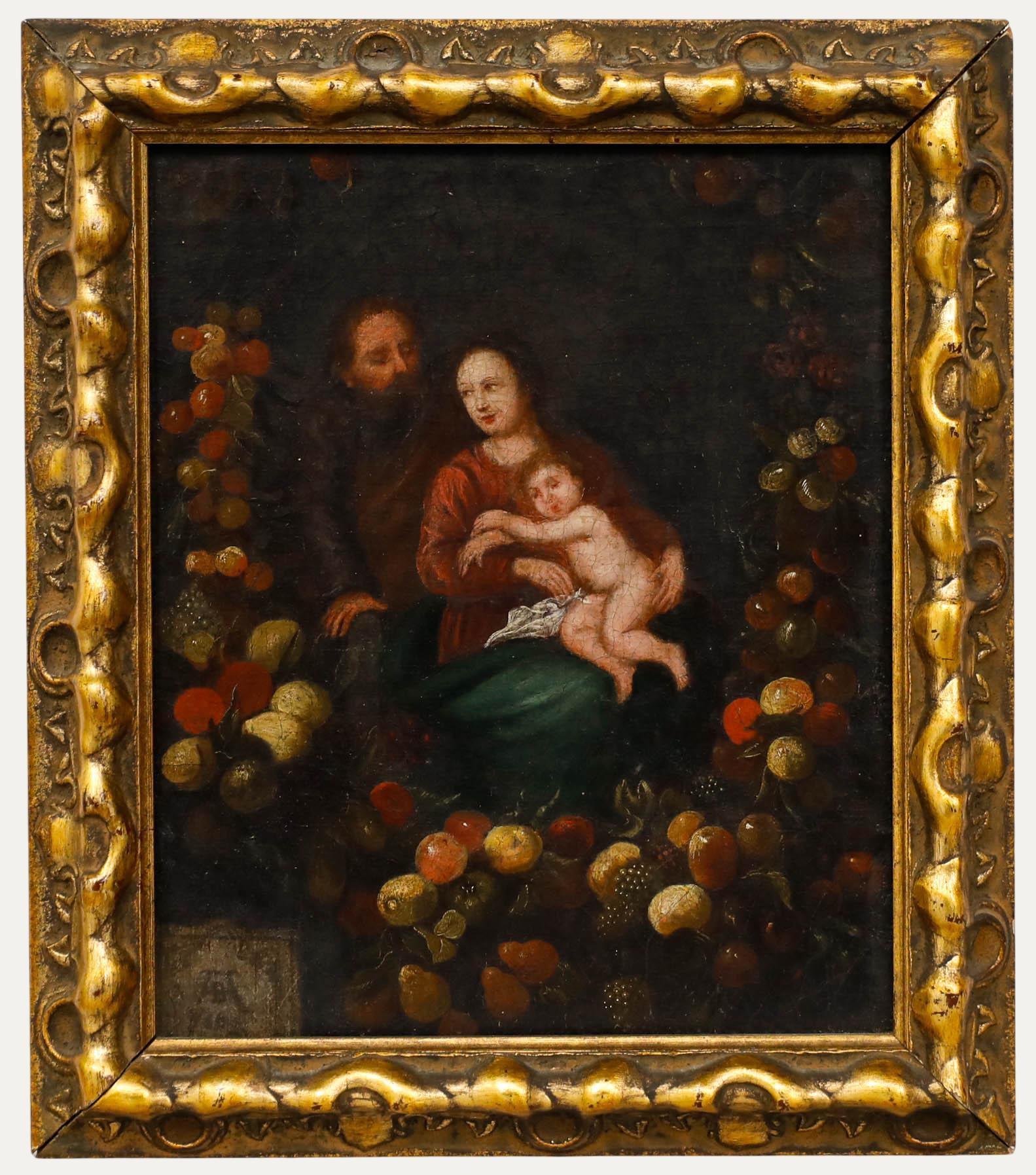 Follower of Andries Daniels - 17th Century Oil, Fruit Garland with Christ