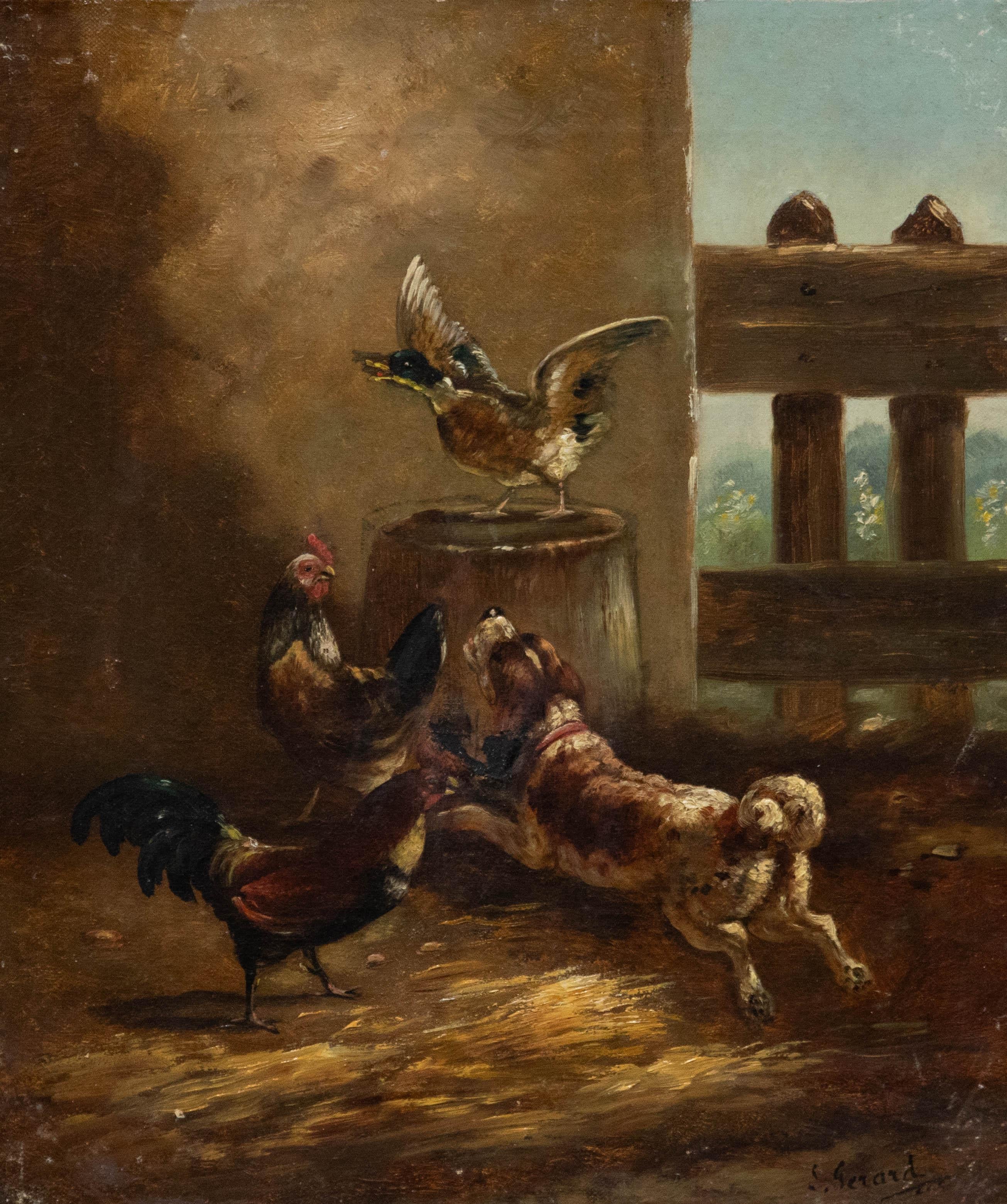 Unknown Animal Painting – Follower of August Laux (1847-1921) – Ölgemälde, Bauernhof-fallout aus dem späten 19. Jahrhundert