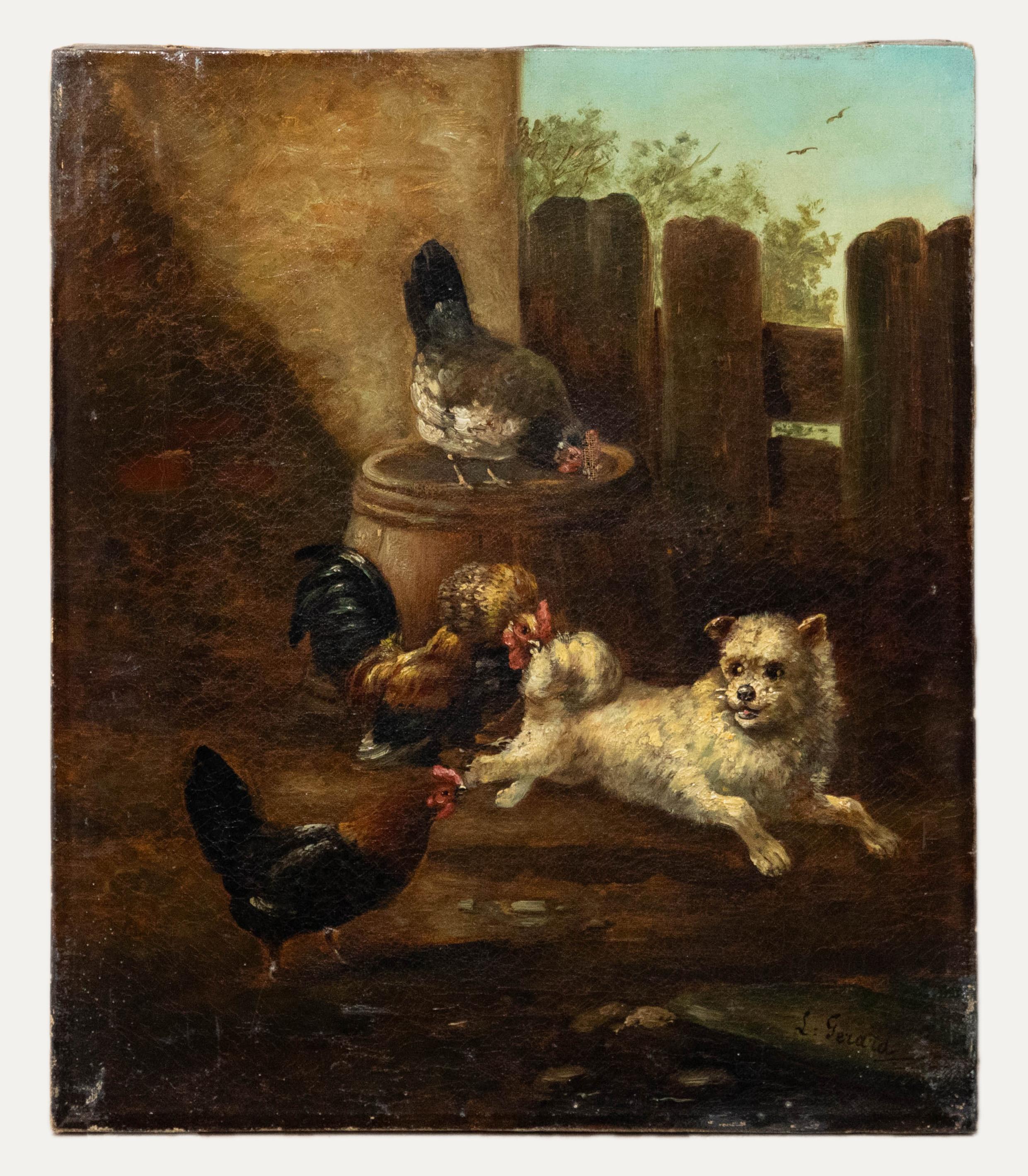 Follower of August Laux (1847-1921) - Late 19th Century Oil, Terrier Chase - Painting by Unknown