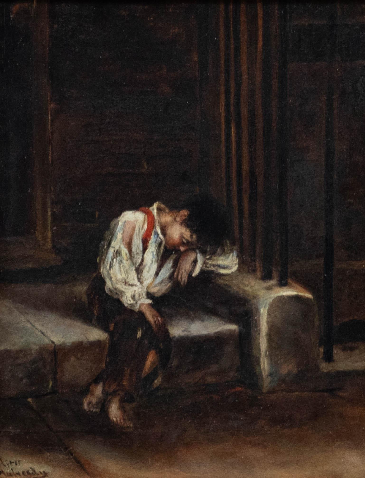 Follower of Augustus Mulready (1844-1904) - Oil, Street Urchin beside Railings - Painting by Unknown