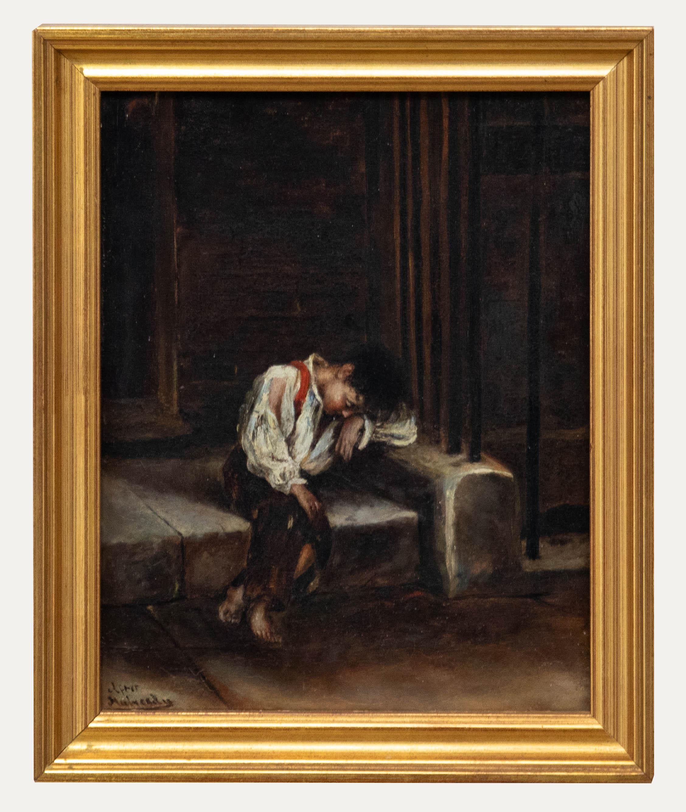 Unknown Figurative Painting - Follower of Augustus Mulready (1844-1904) - Oil, Street Urchin beside Railings