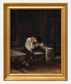 Follower of Augustus Mulready (1844-1904) - Oil, Street Urchin beside Railings