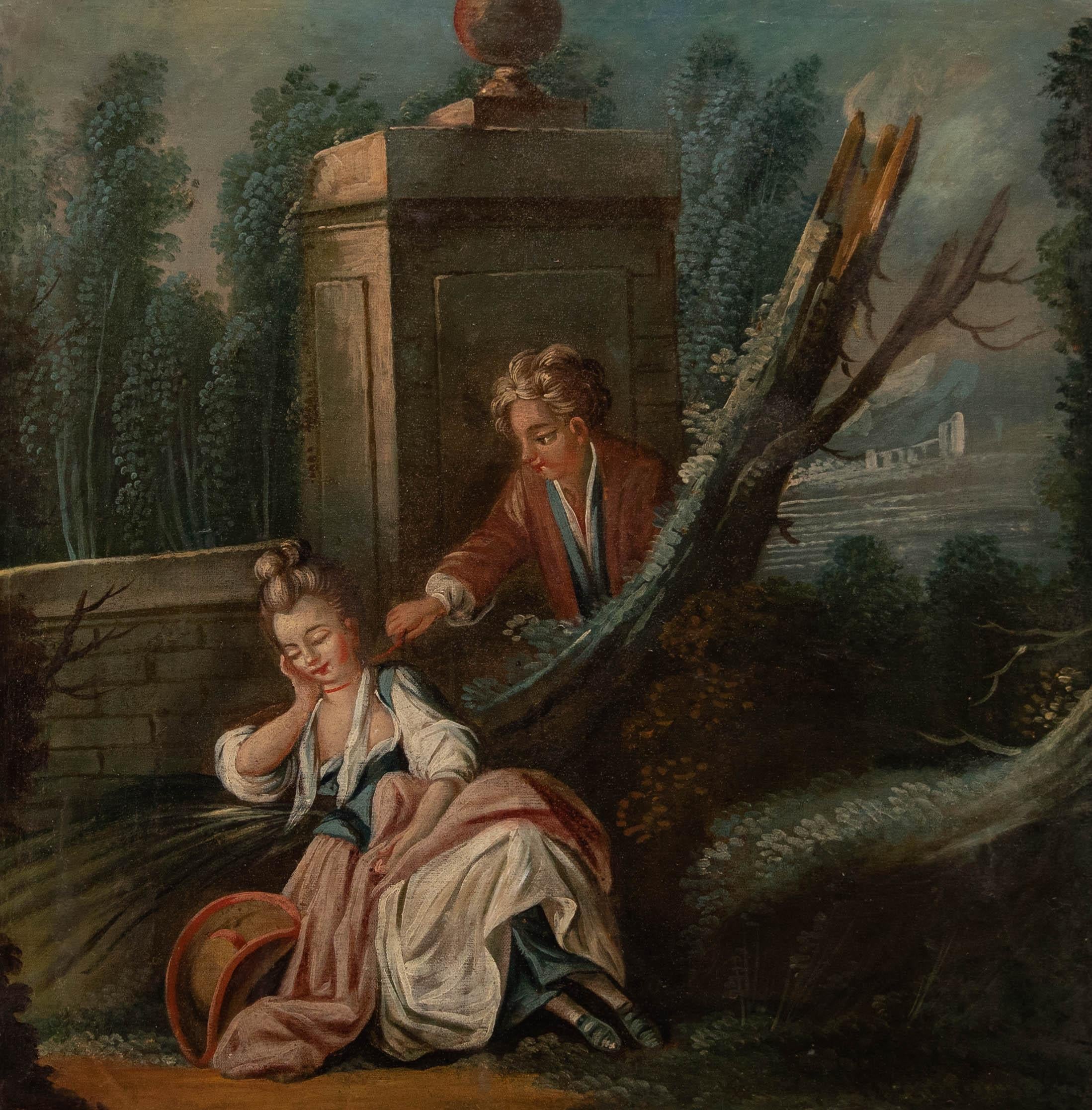 Anhänger von Boucher - Französisches Öl aus dem 18. Jahrhundert, Junge neckt ein Mädchen mit einer Feder – Painting von Unknown