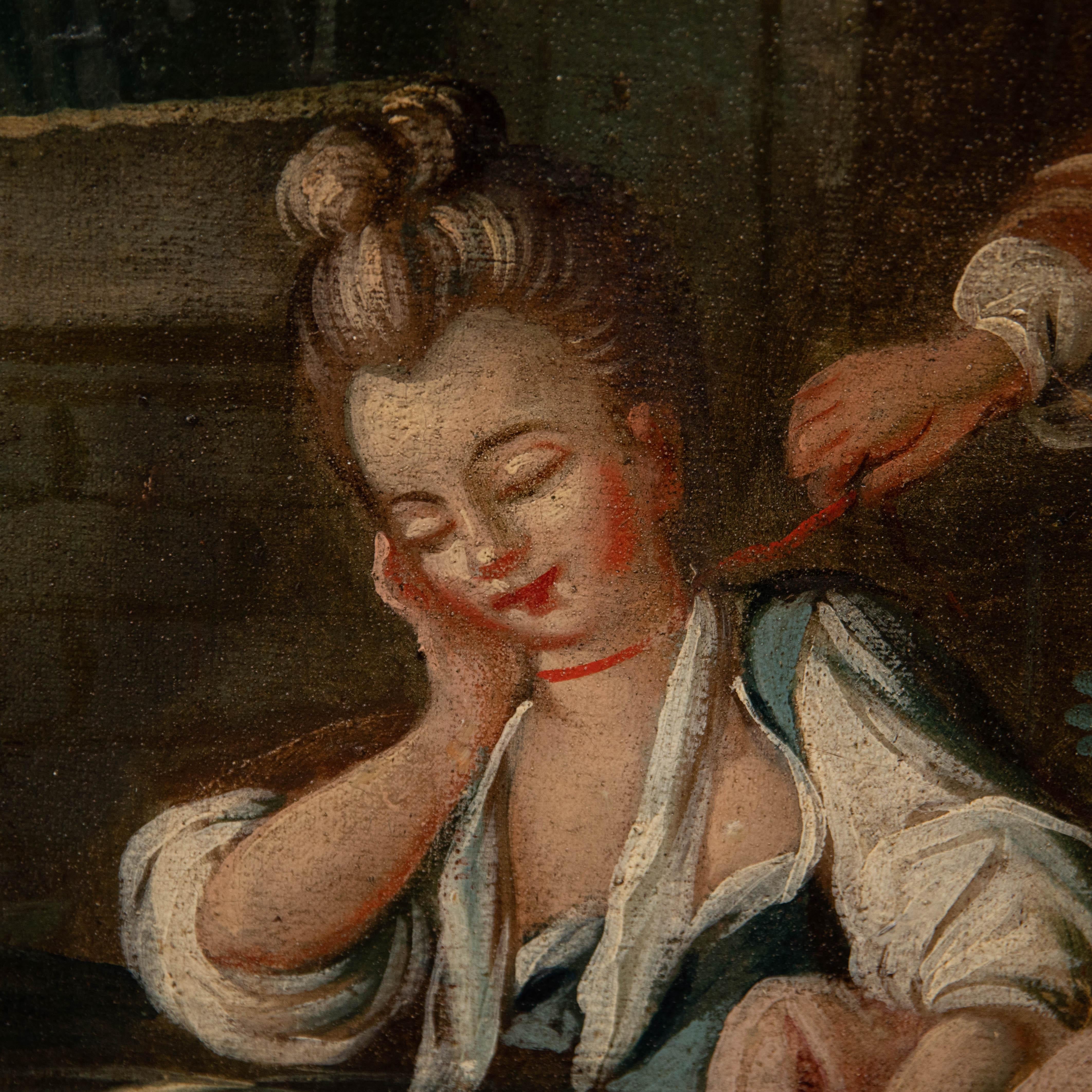Anhänger von François Boucher (1703-1770). Französische Schule, 18. Jahrhundert, Öl. Ein Junge neckt ein Mädchen mit einer Feder. Nicht signiert. Auf Leinwand auf Keilrahmen.
