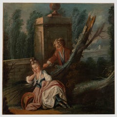 Anhänger von Boucher - Französisches Öl aus dem 18. Jahrhundert, Junge neckt ein Mädchen mit einer Feder