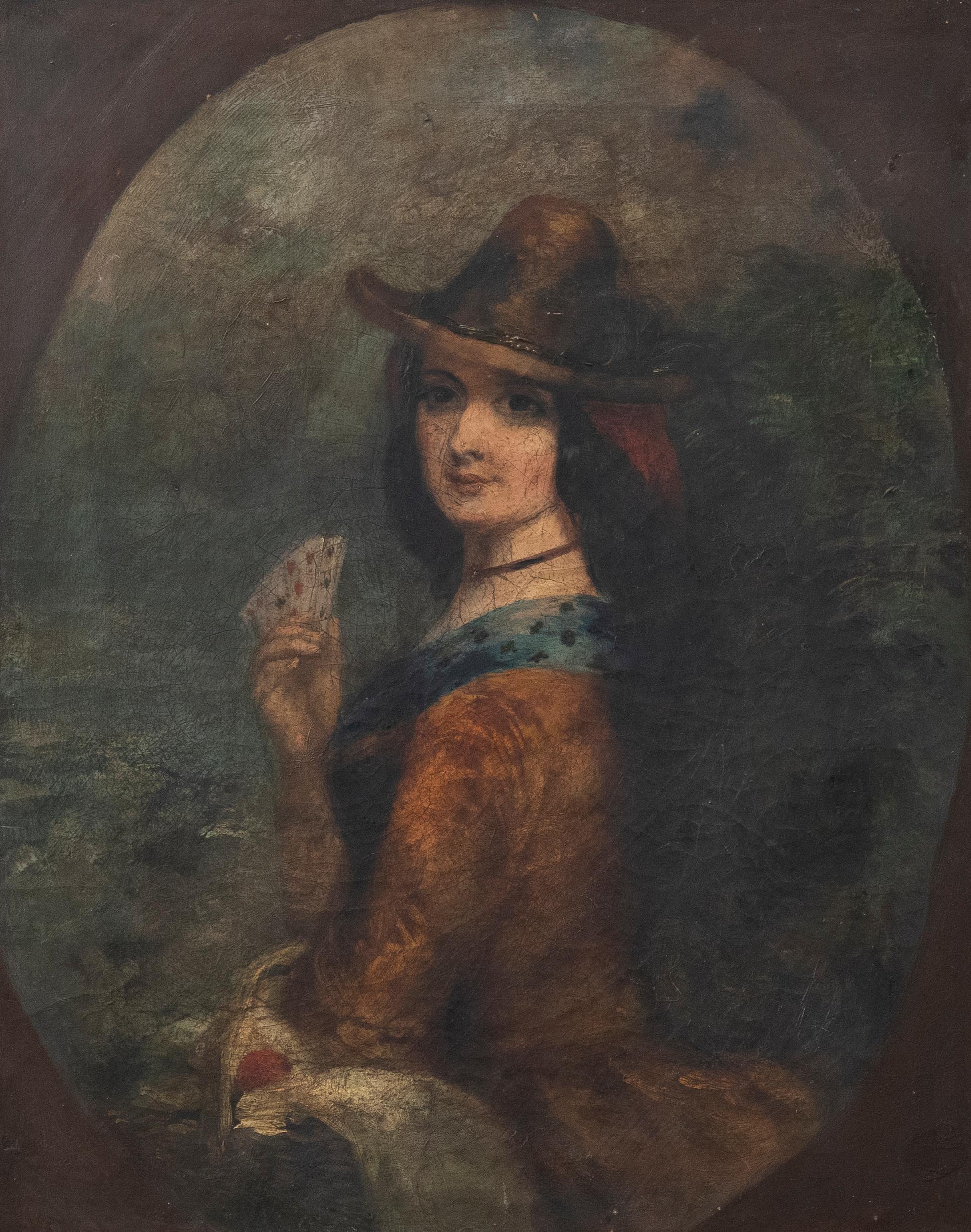 An interesting portrait of a young woman holding a deck of playing cards and a picnic basket. This mysterious figure is well dressed and wears her hair down, which is unusual for the period. Her delicate, doll-like features are reminiscent of the