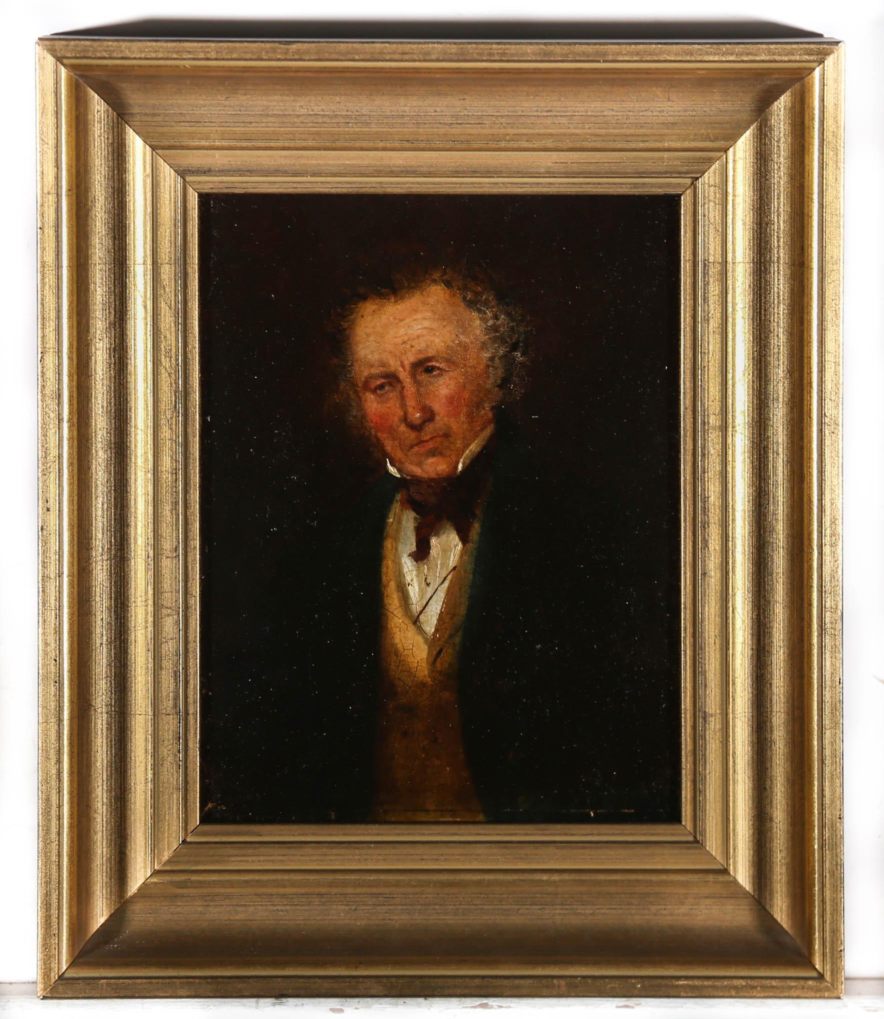 A accomplished half-length portrait depicts a gentleman wearing a three piece suite and a red neckerchief. The sitter is evidently a man of high social status, commissioning a portrait that was likely to be displayed in the family home. The artist