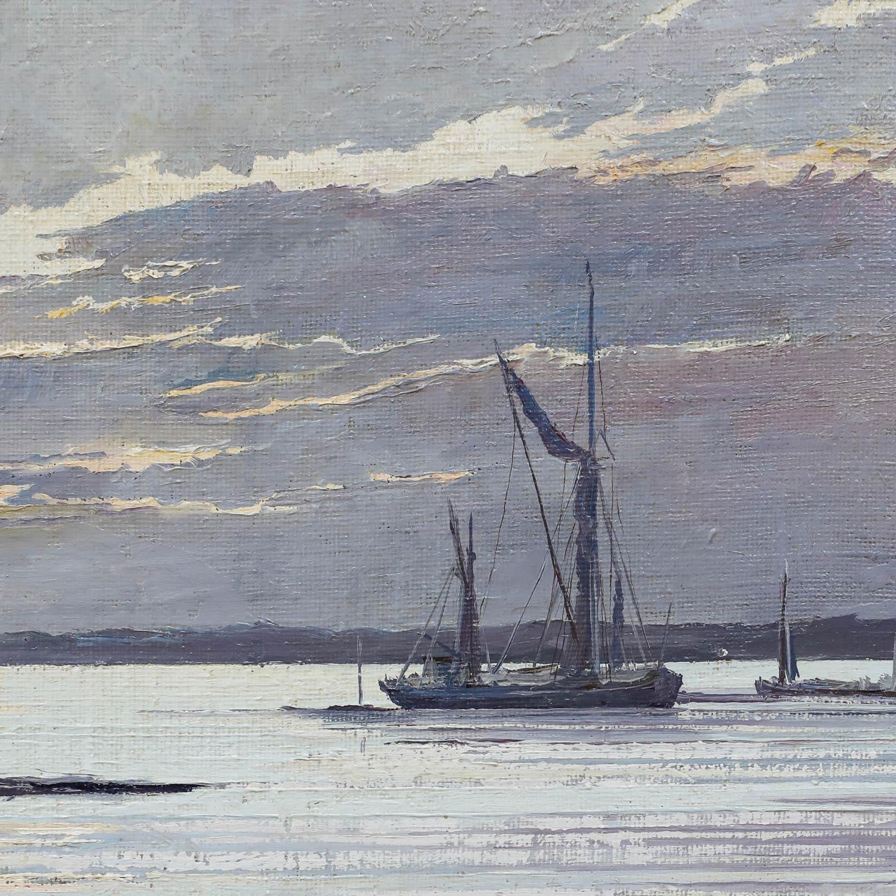 Follower of Edward Seago RBA ARWS RWS (1910-1974) - Oil, Boats at Dusk - Gray Figurative Painting by Unknown