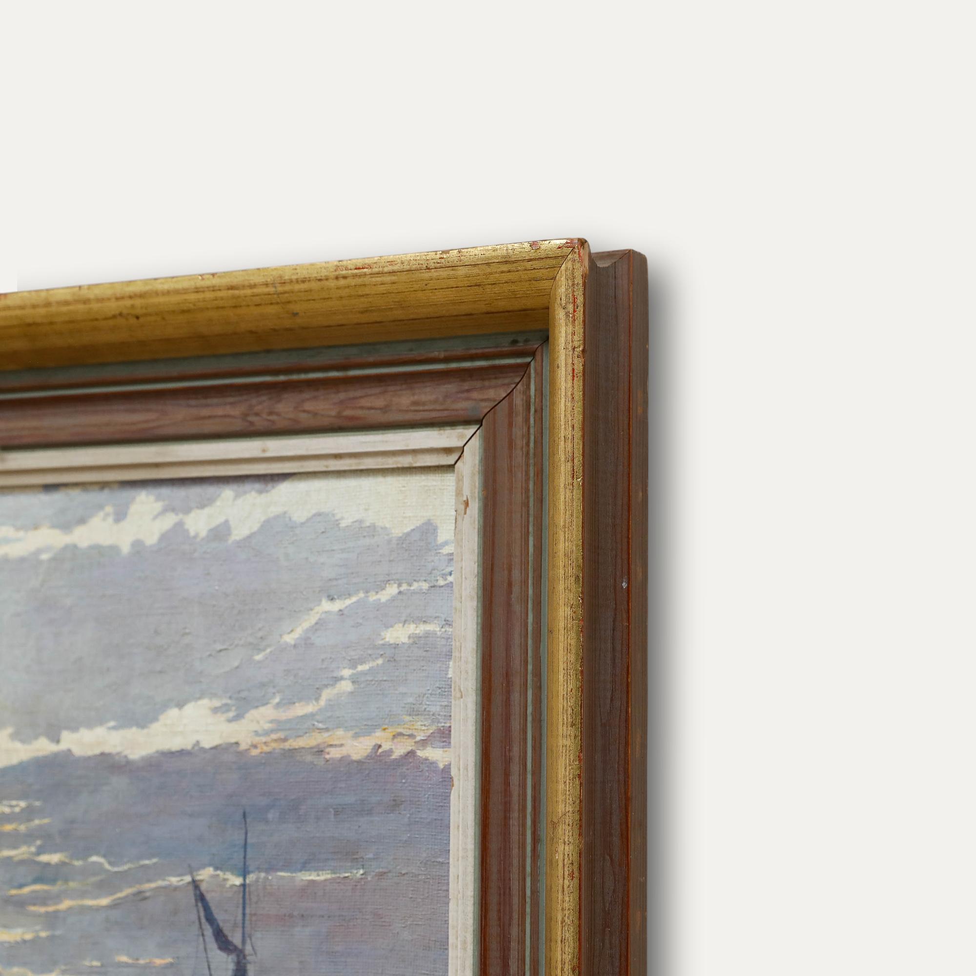 A delightful mid 20th century oil painted in the manner of popular English artist Edward Seago RBA ARWS RWS (1910-1974). This tranquil seascape captures the ethereal light of dusk, with wispy golden clouds stretching across a pale blue sky. The