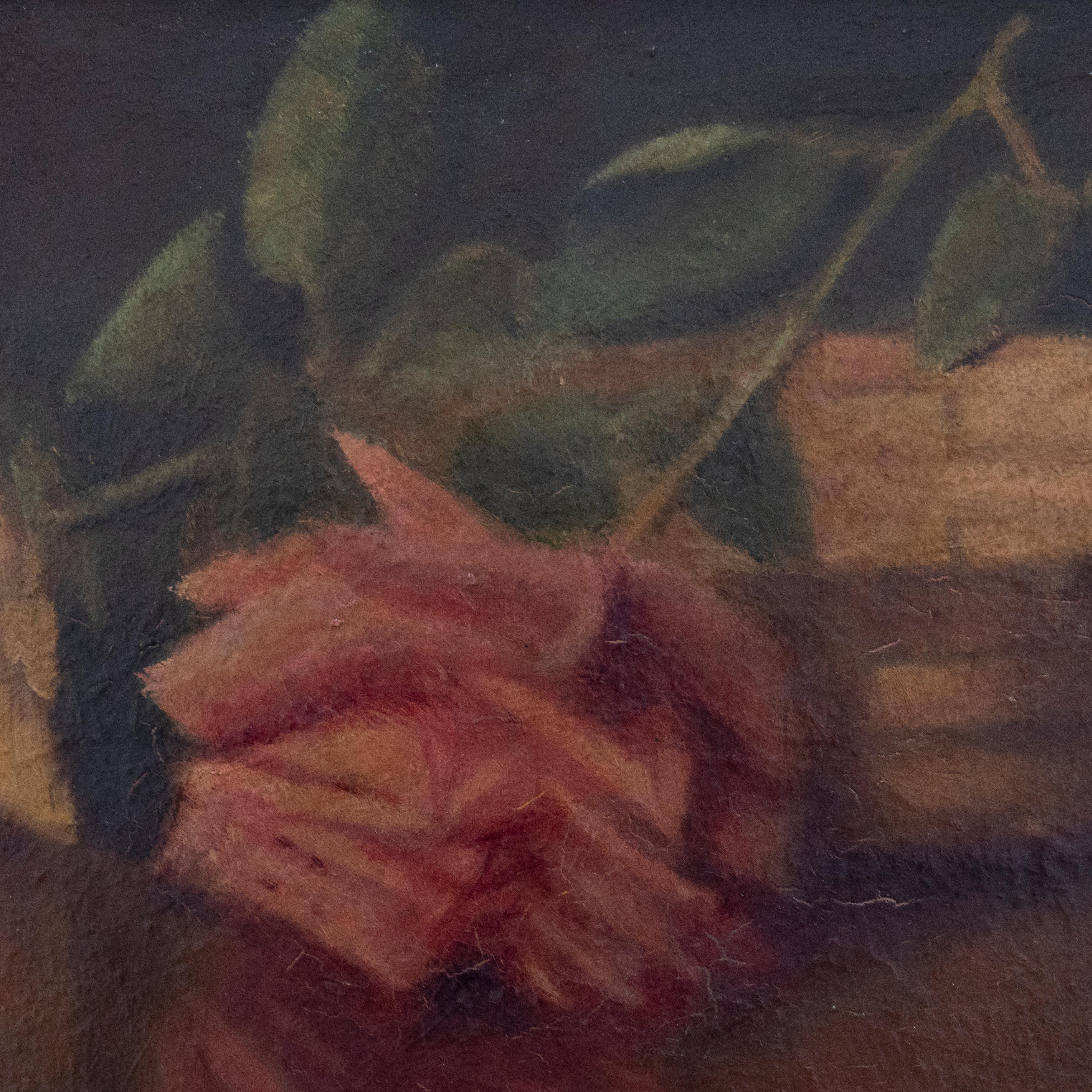 Un affascinante studio di natura morta che raffigura due rose e un cestino in un interno buio. La scena si ispira ai dipinti floreali del pittore francese Henri Fantin-Latour. Senza segno. Presentato in una cornice dorata. A bordo.