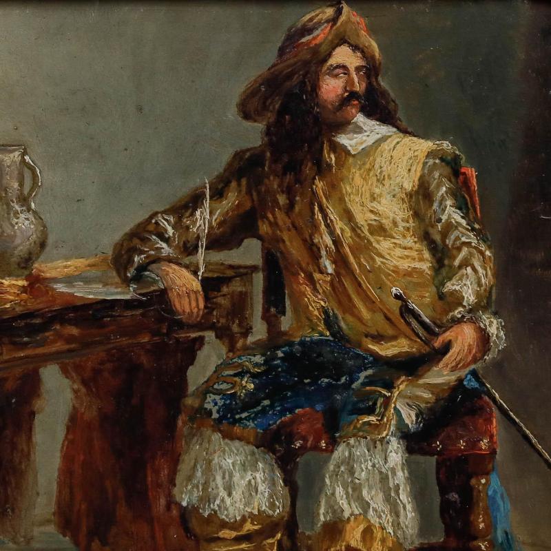 Auf diesem charakteristischen Ölgemälde sitzt ein Kavalier in reich verzierter zeitgenössischer Kleidung an einem hölzernen Schreibtisch. In der einen Hand hält er einen Federkiel, während die andere Hand auf einem Schwert an seiner Hüfte ruht. Gut