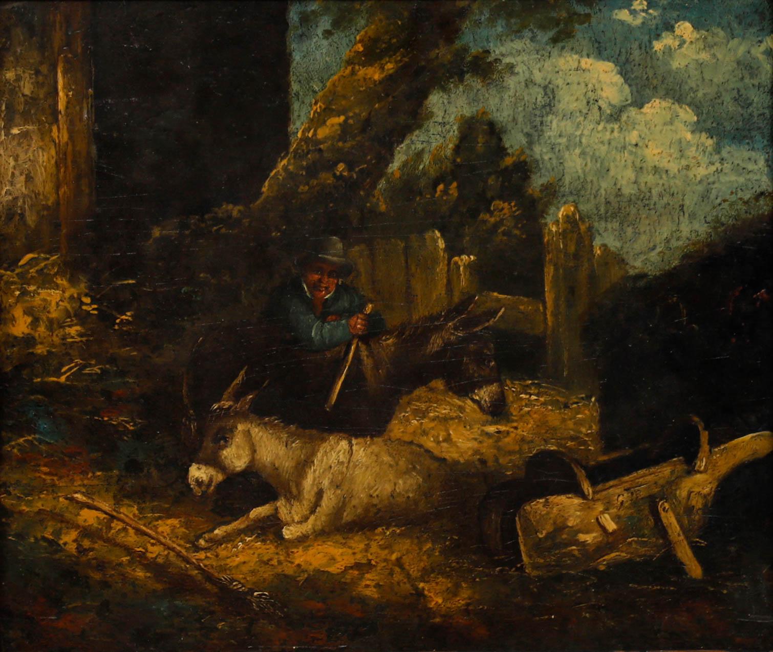 Follower of George Morland (1763-1804) - Framed Oil, Farmyard Scene with Donkeys - Painting by Unknown