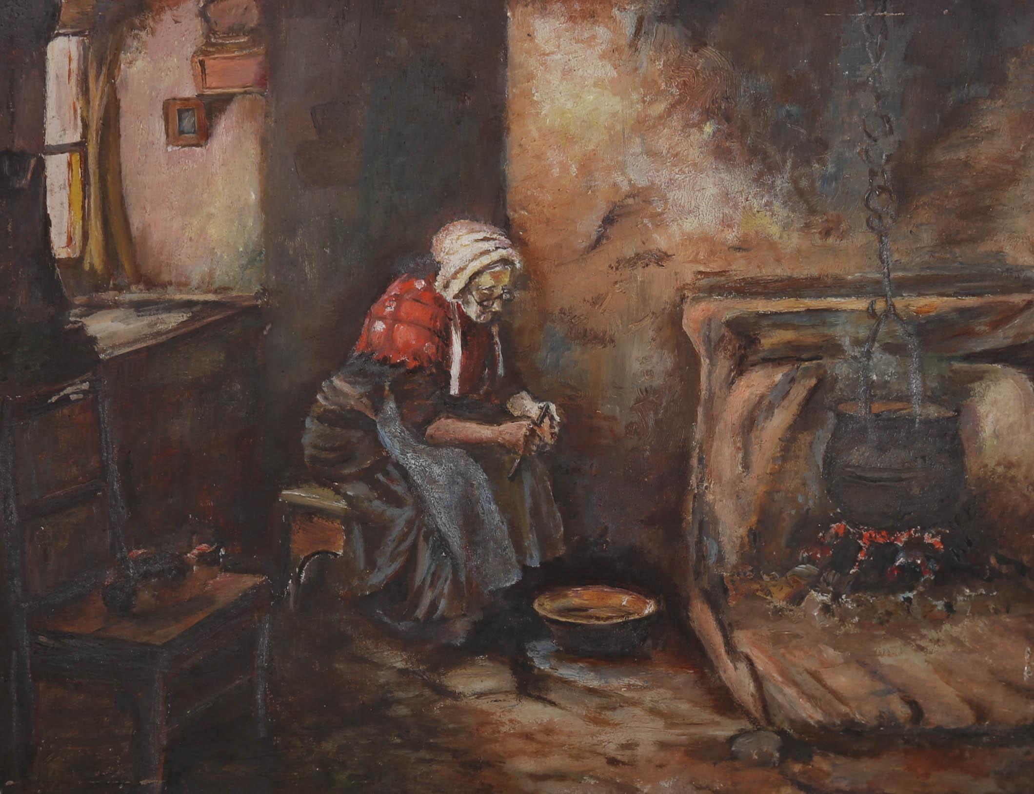 An atmospheric interior study depicting an old woman peeling potatoes for supper. She sits in the corner of her cottage and a large pot boils on an open fire. A small cat perches on the chair beside her. Unsigned. On board.
