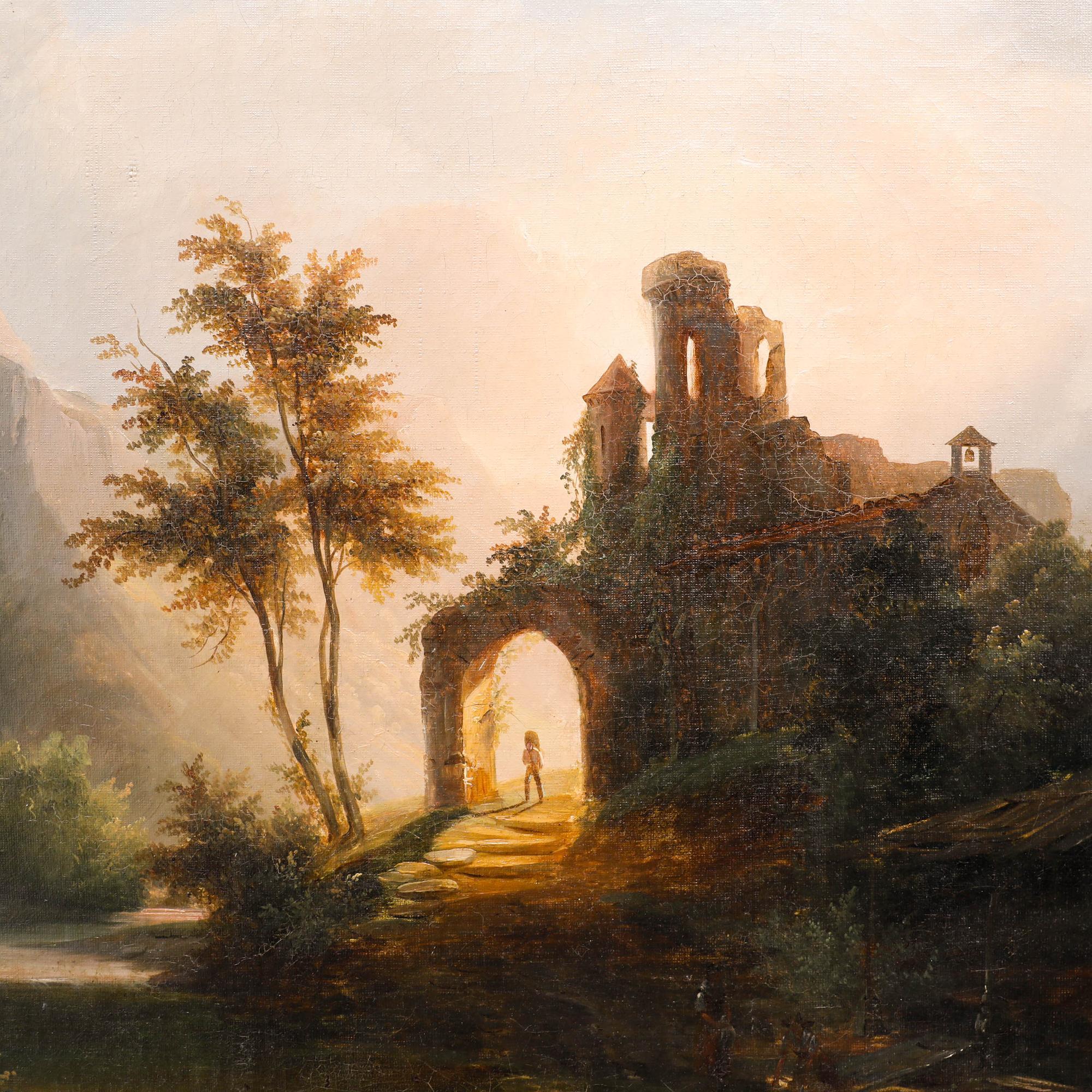 Follower of Hubert Robert (1733-1808), French School, Oil on canvas. An accomplished oil painting depicting a romanticised landscape scene with silhouetted castle dominant on the left. Golden light beams through a stone archway near centre, drawing
