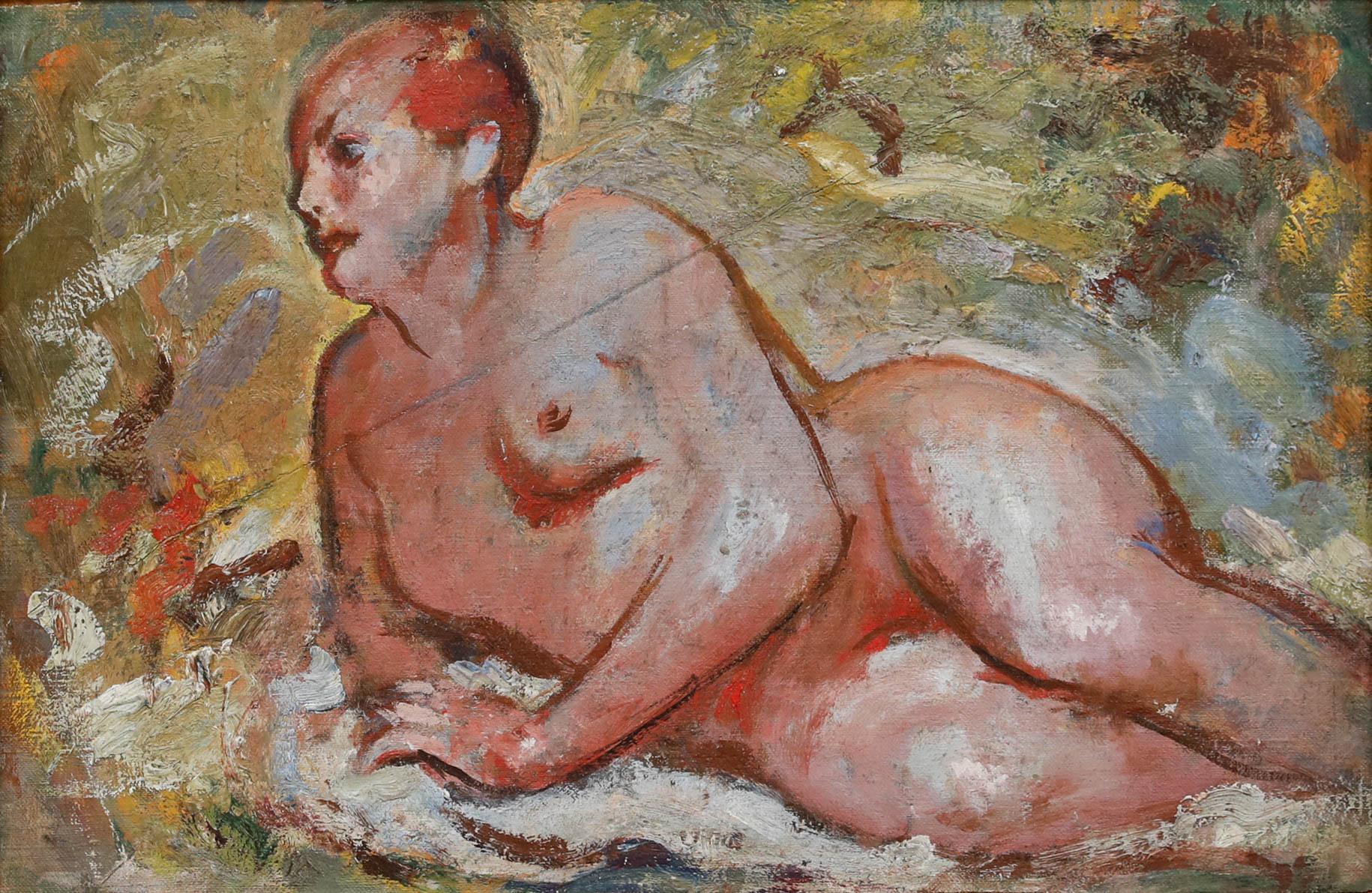 Follower of Ivon Hitchins (1893-1979) - Framed Oil, Reclining in the Meadow - Painting by Unknown