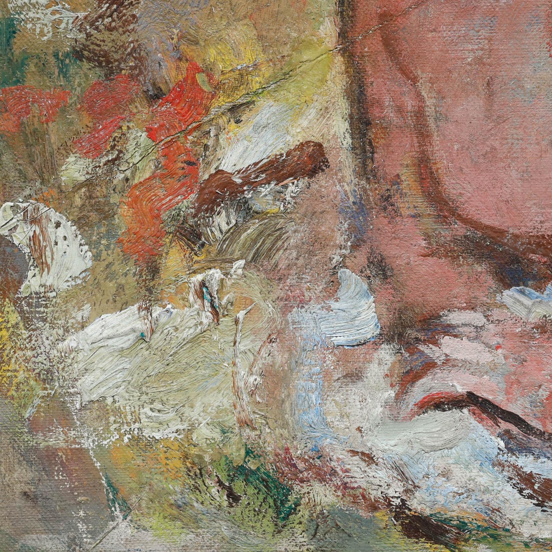 This intimate figurative painting depicts a reclining nude, rendered in a style reminiscent of English painter Ivon Hitchens (1893-1979). Warm flesh tones contrast beautifully against a textured background of meadow flowers and foliage. The artist's
