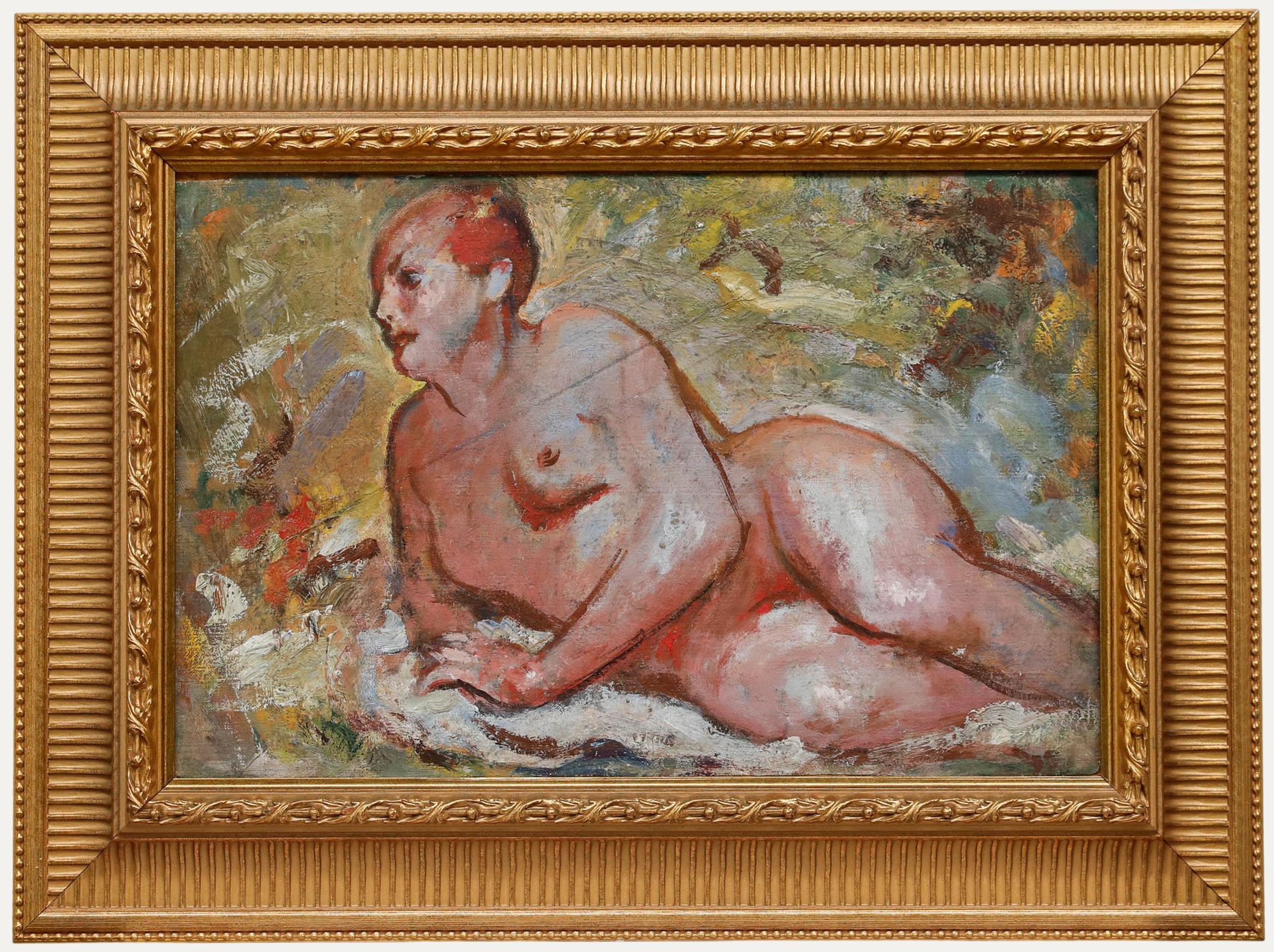 Unknown Nude Painting - Follower of Ivon Hitchins (1893-1979) - Framed Oil, Reclining in the Meadow