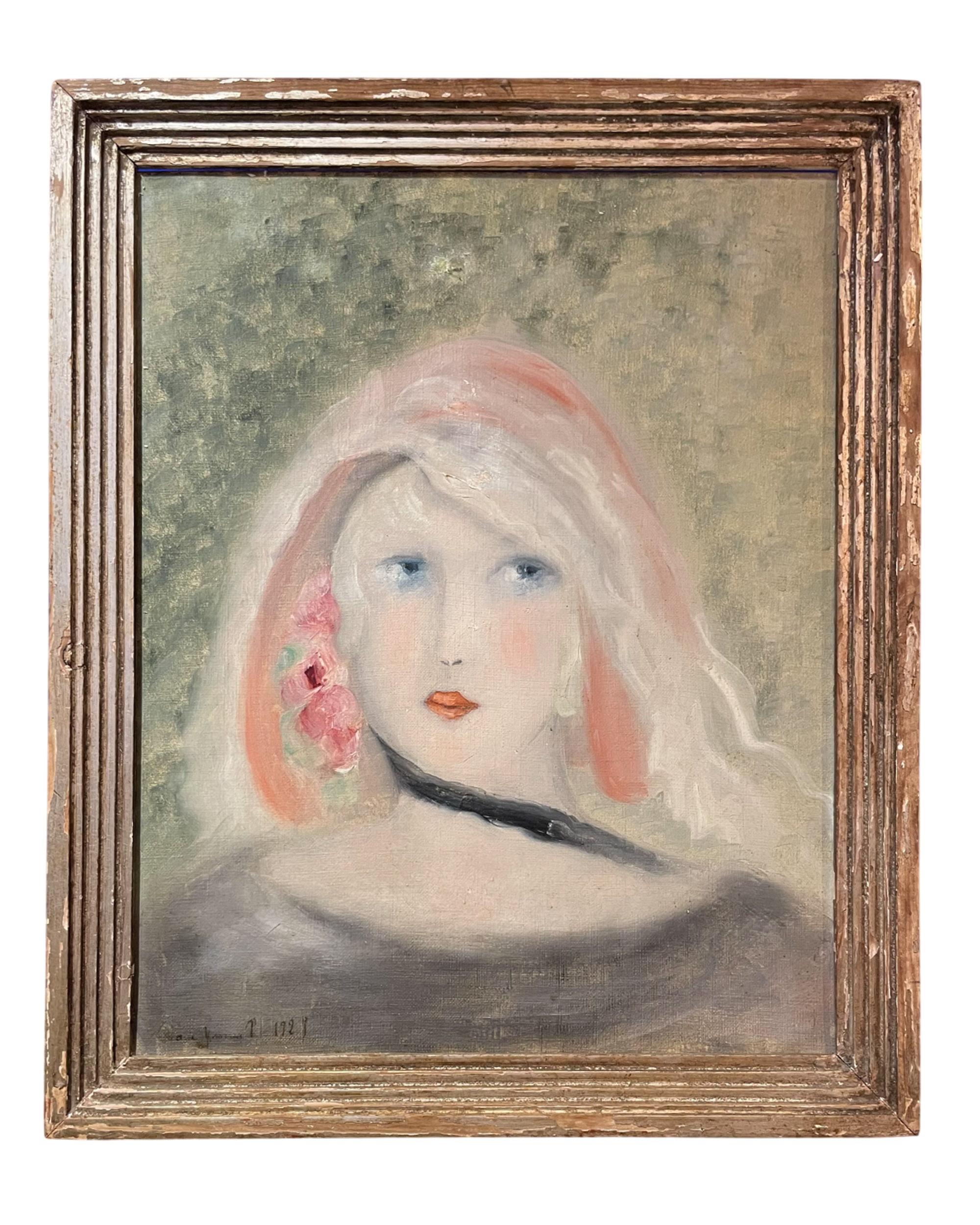 Seguace di Marie Laurencin, Ritratto femminile con rosa, 1930 circa