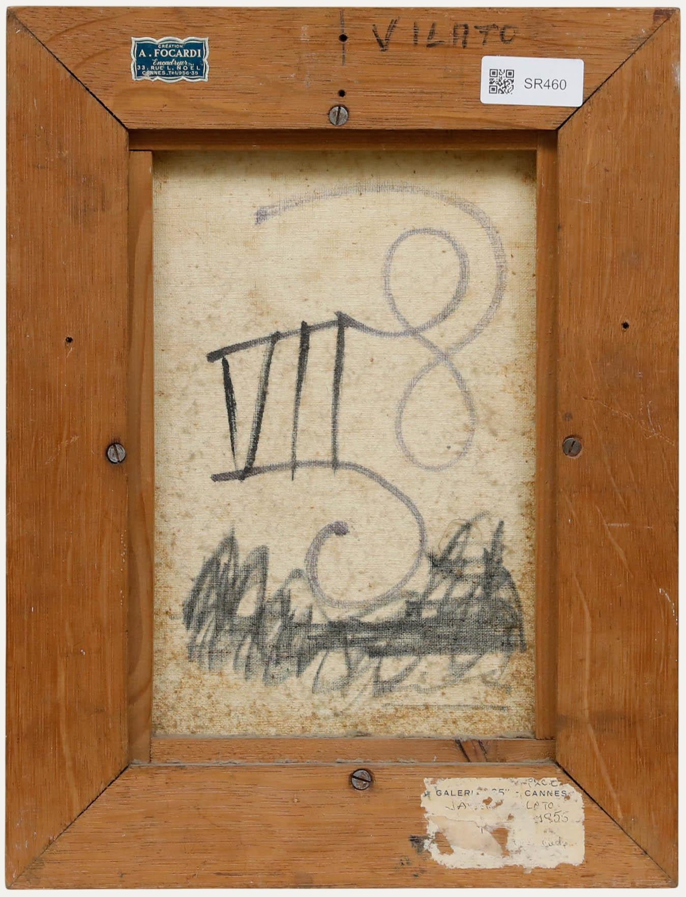 Adepte de Pablo Picasso - Huile encadrée de 1955, Femme sur pourpre - Noir Figurative Painting par Unknown