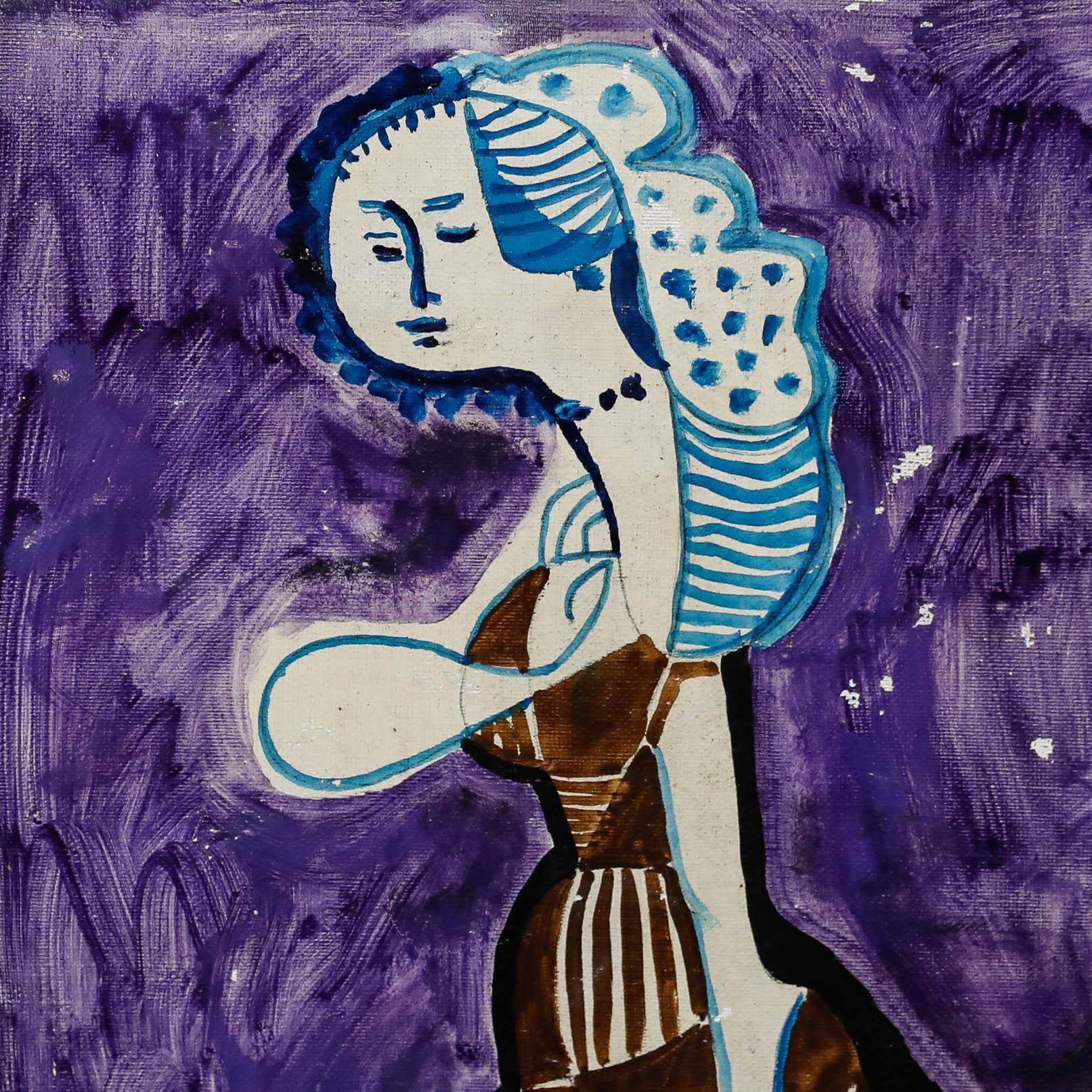 Adepte de Pablo Picasso - Huile encadrée de 1955, Femme sur pourpre en vente 1