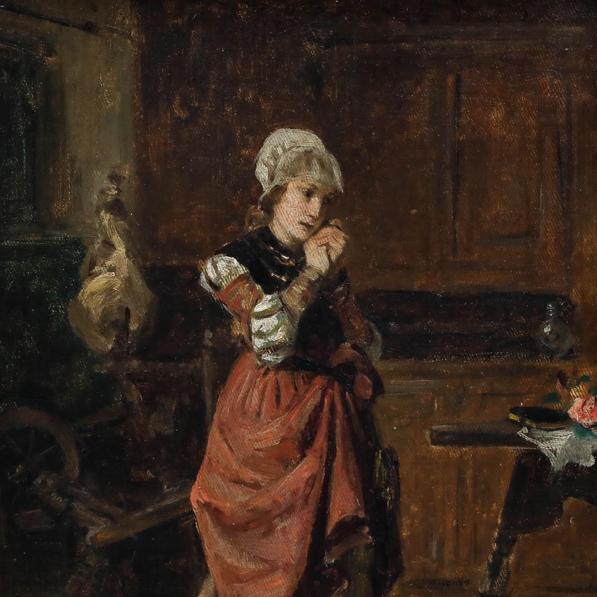 Diese intime Genreszene zeigt eine junge Frau in einem wallenden roten Kleid, die in einem schwach beleuchteten Innenraum steht und ihre Hände zum Gebet faltet. Die Komposition verwendet warme, erdige Töne und dramatische Hell-Dunkel-Beleuchtung, um