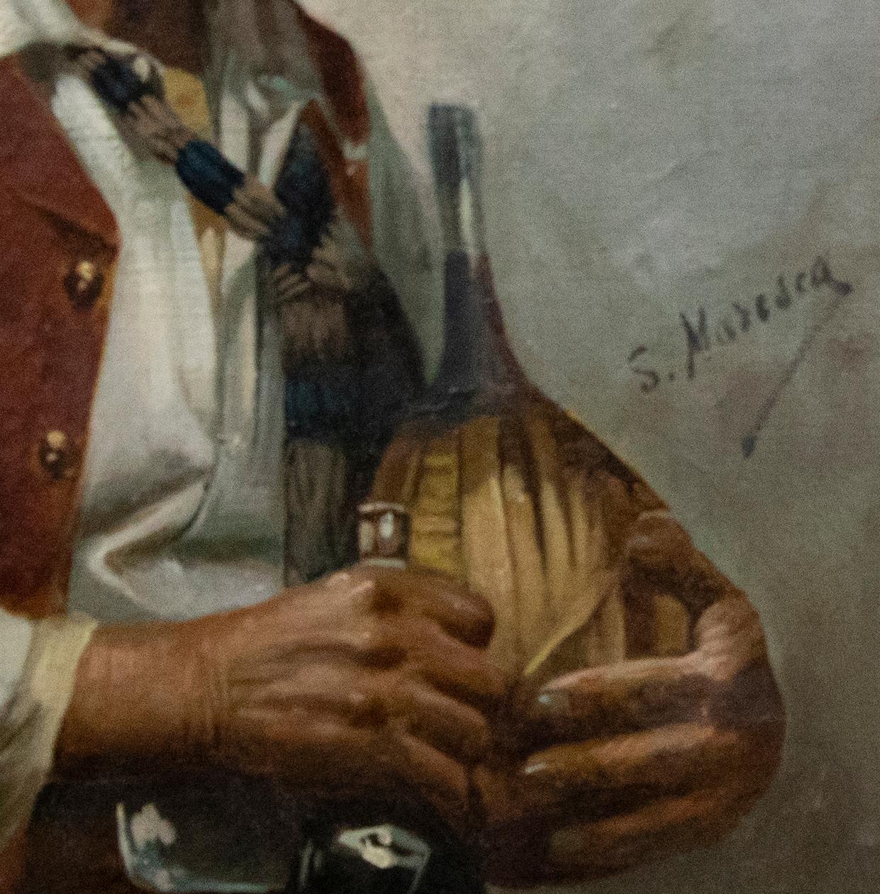 A charismatic portrait of an elderly gentleman clutching a bottle of red wine and a full fiasco. Signed' S. Maresca' to the lower right. Copied from the artist's original work. On canvas on stretchers.