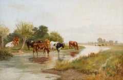 Follower of Thomas Sidney Cooper (1803-1902) - Framed Oil, Cattle Watering