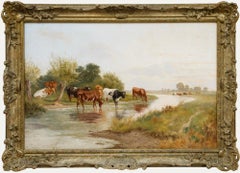 Follower of Thomas Sidney Cooper (1803-1902) - Framed Oil, Cattle Watering
