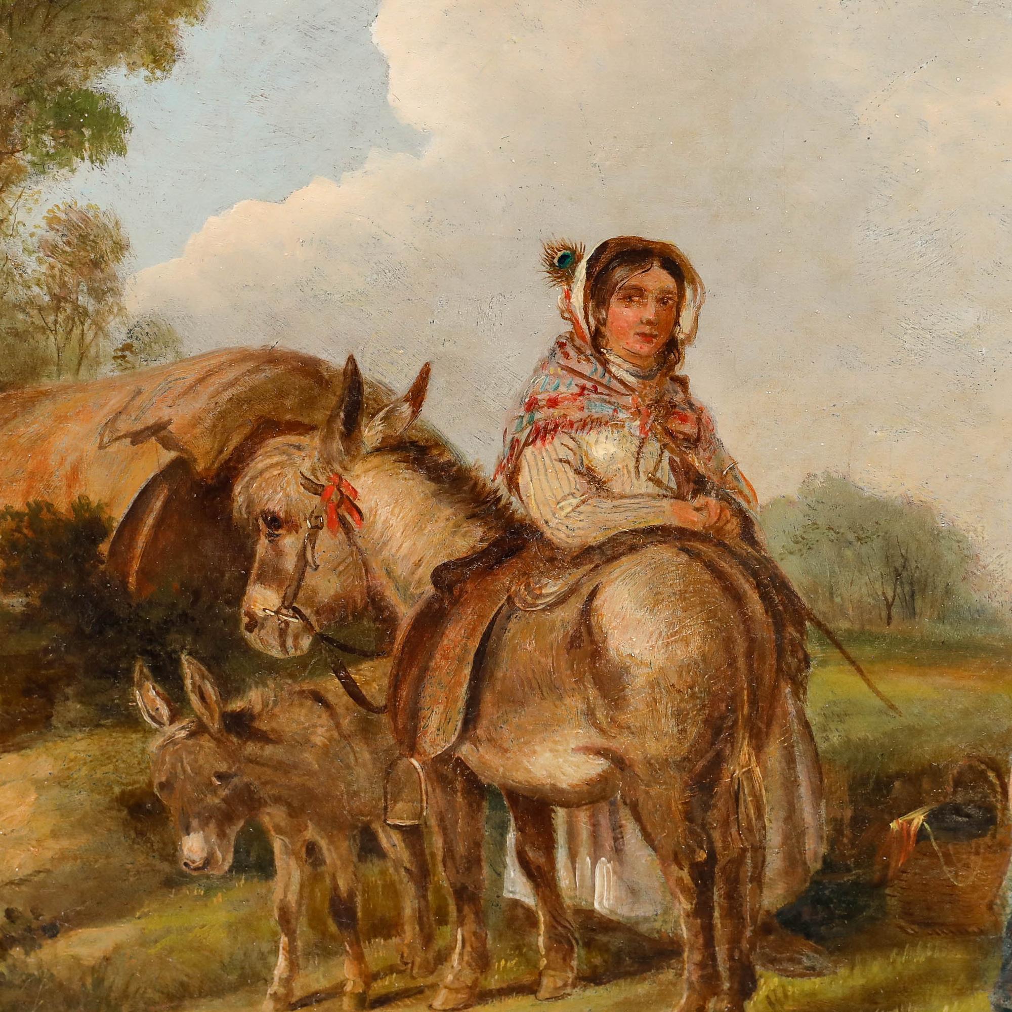 A charming genre scene by a follower of William Shayer (1787-1879) depicting ladies gathered at their camp with children and donkeys. Bears signature to the lower margin. Well presented in a distressed gilt frame. On canvas on stretchers.