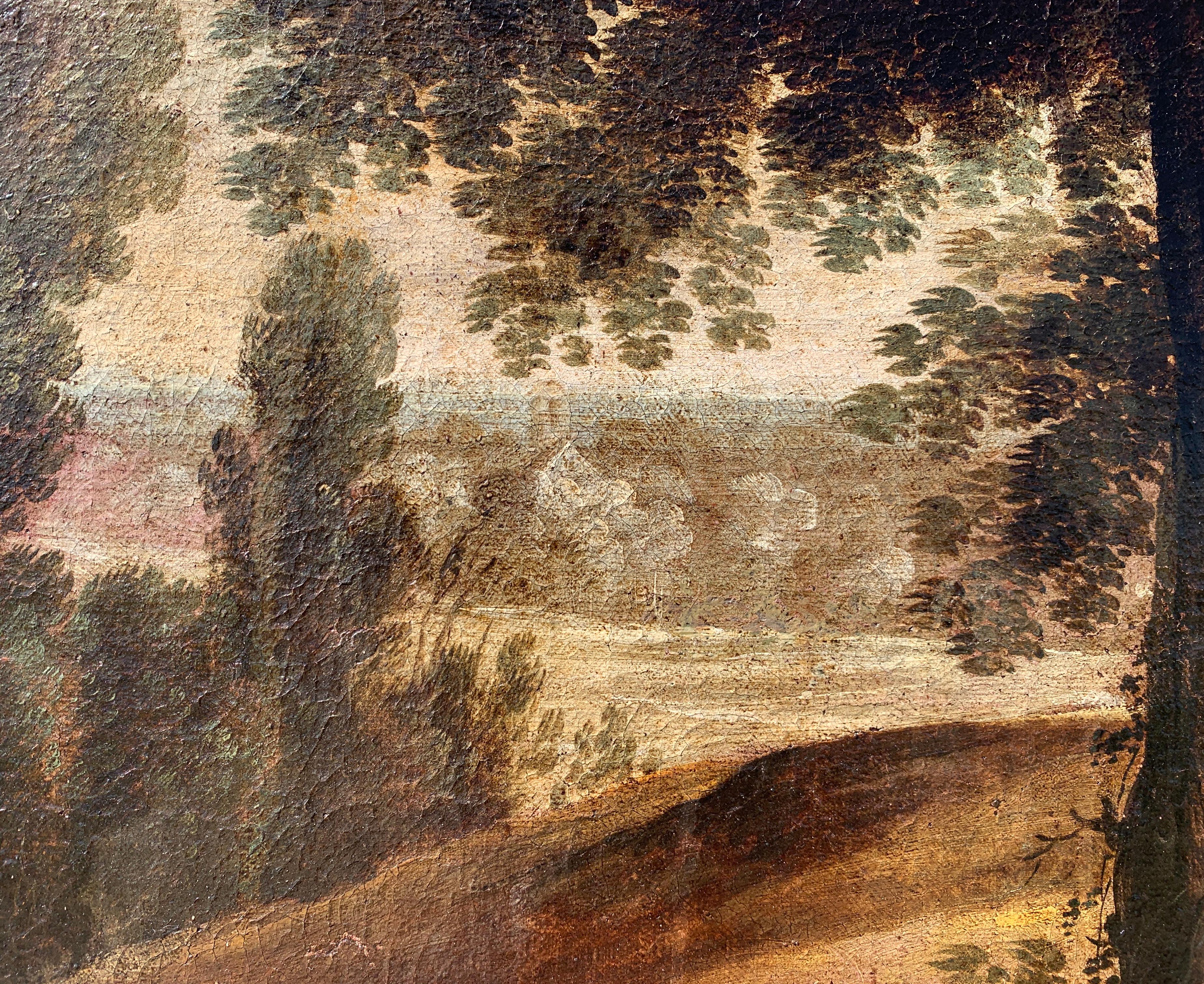 Suiveur de Paul Bril (Anvers 1554 - Rome 1626) - Paysage fluvial avec personnages.

81 x 99 cm sans cadre, 94 x 112 cm avec cadre.

Peinture à l'huile ancienne sur toile, dans un cadre en bois doré.

État des lieux : Toile doublée. Bon état de