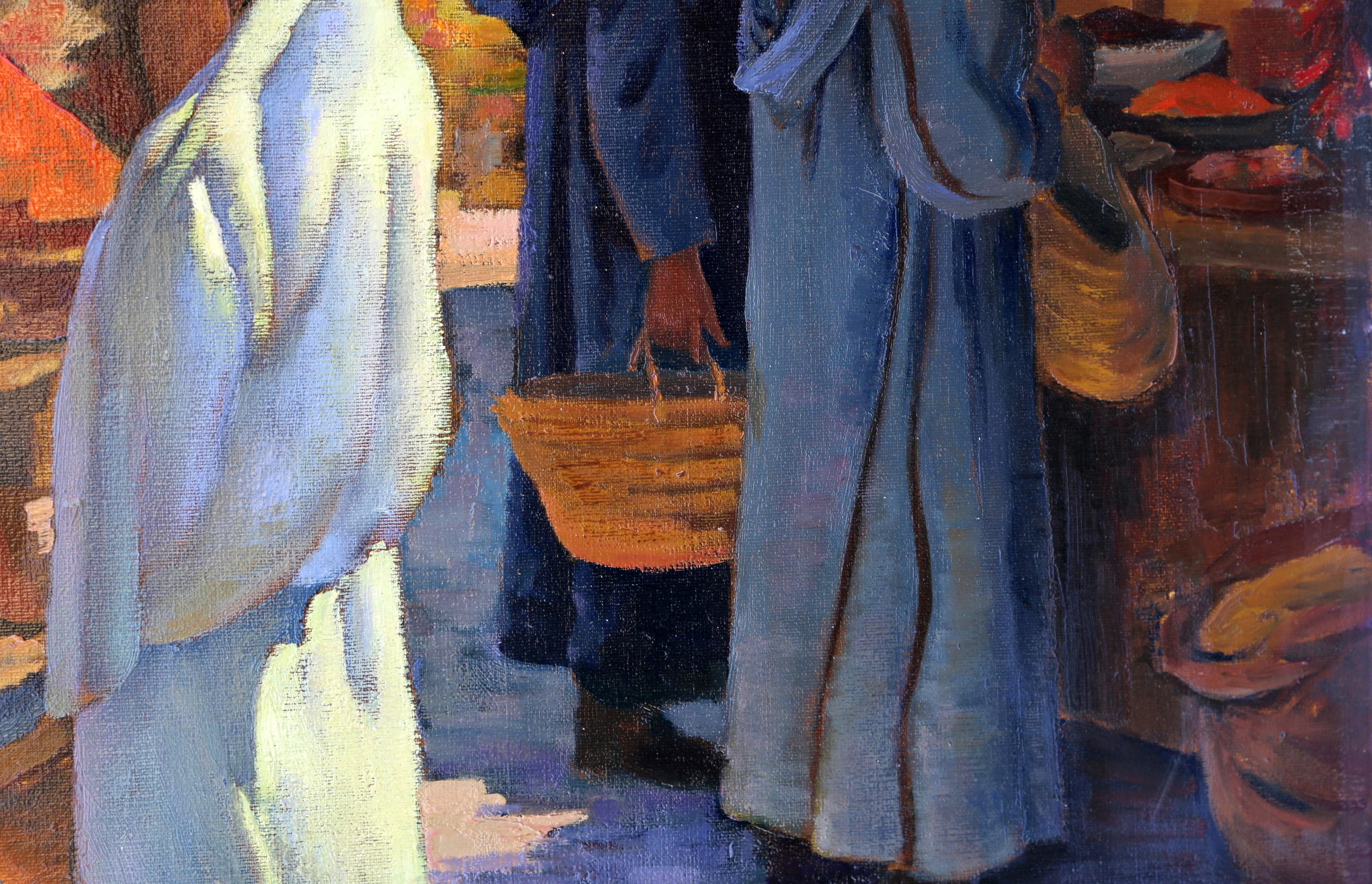 Food Sellers in the Market, Folk Art Oil on Canvas Painting by Jalal Gharbi For Sale 3