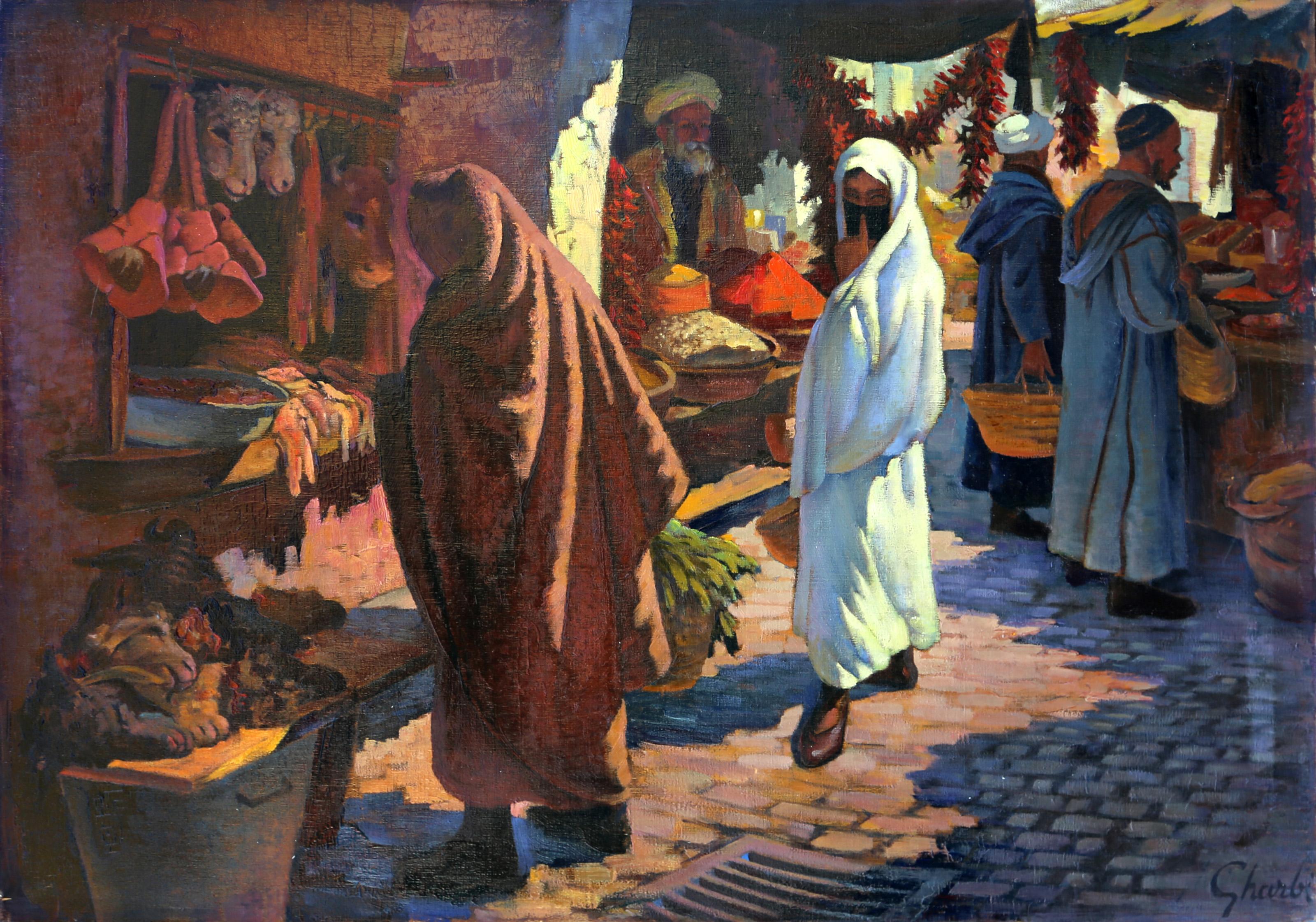 Jalal Gharbi, Tunisian/American (1920 - 2005) - Food Sellers in the Market, Year:  circa 1970, Medium:  Oil on Canvas, signed lower right, Size:  36 x 48 in. (91.44 x 121.92 cm), Description:  An oil painting of food sellers in the Bazaar market by