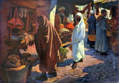 Sellers al mercato, pittura folkloristica olio su tela di Jalal Gharbi