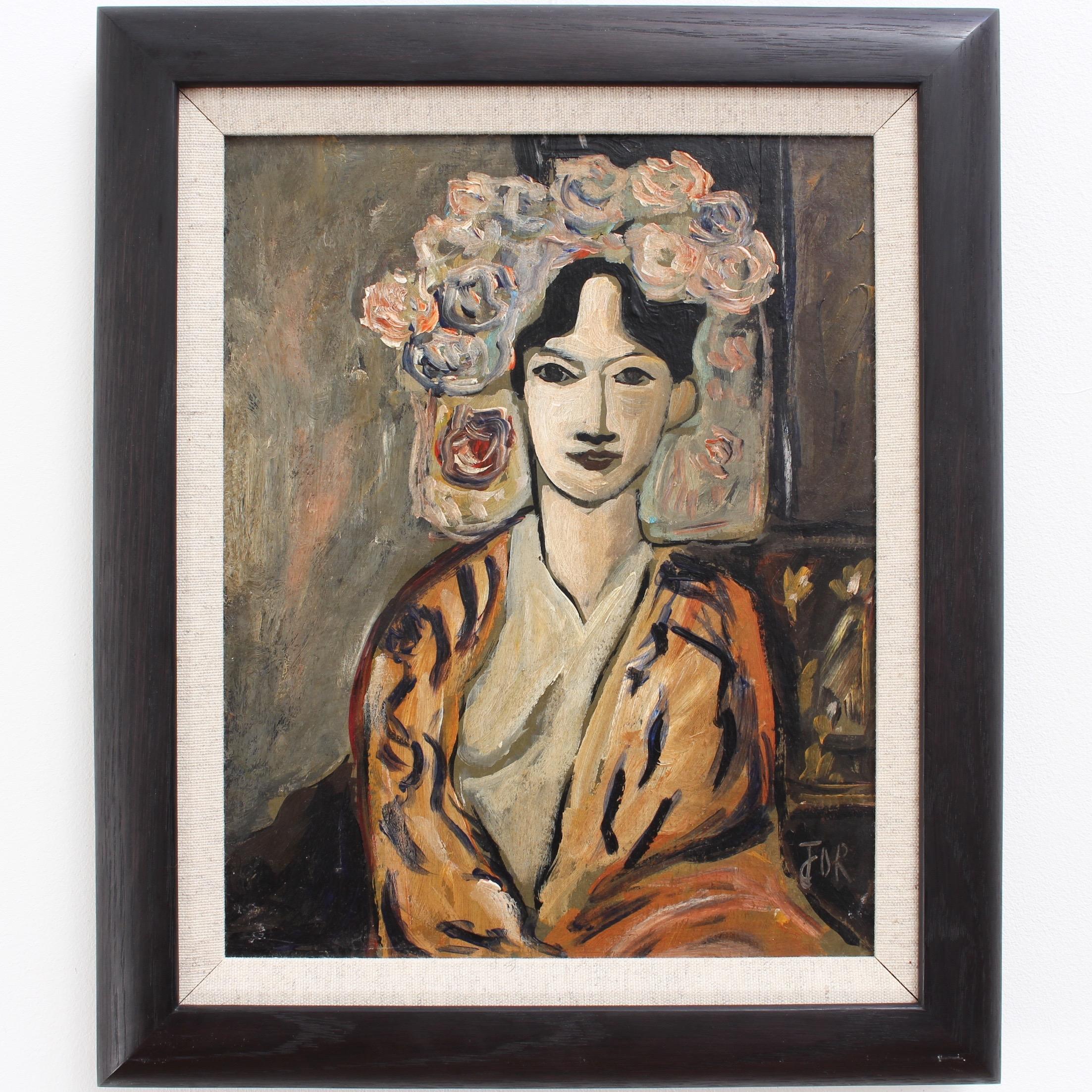  F.O.R., 'Flowered Woman in Robe', Midcentury Oil Portrait Painting, Berlin - Brown Figurative Painting by Unknown
