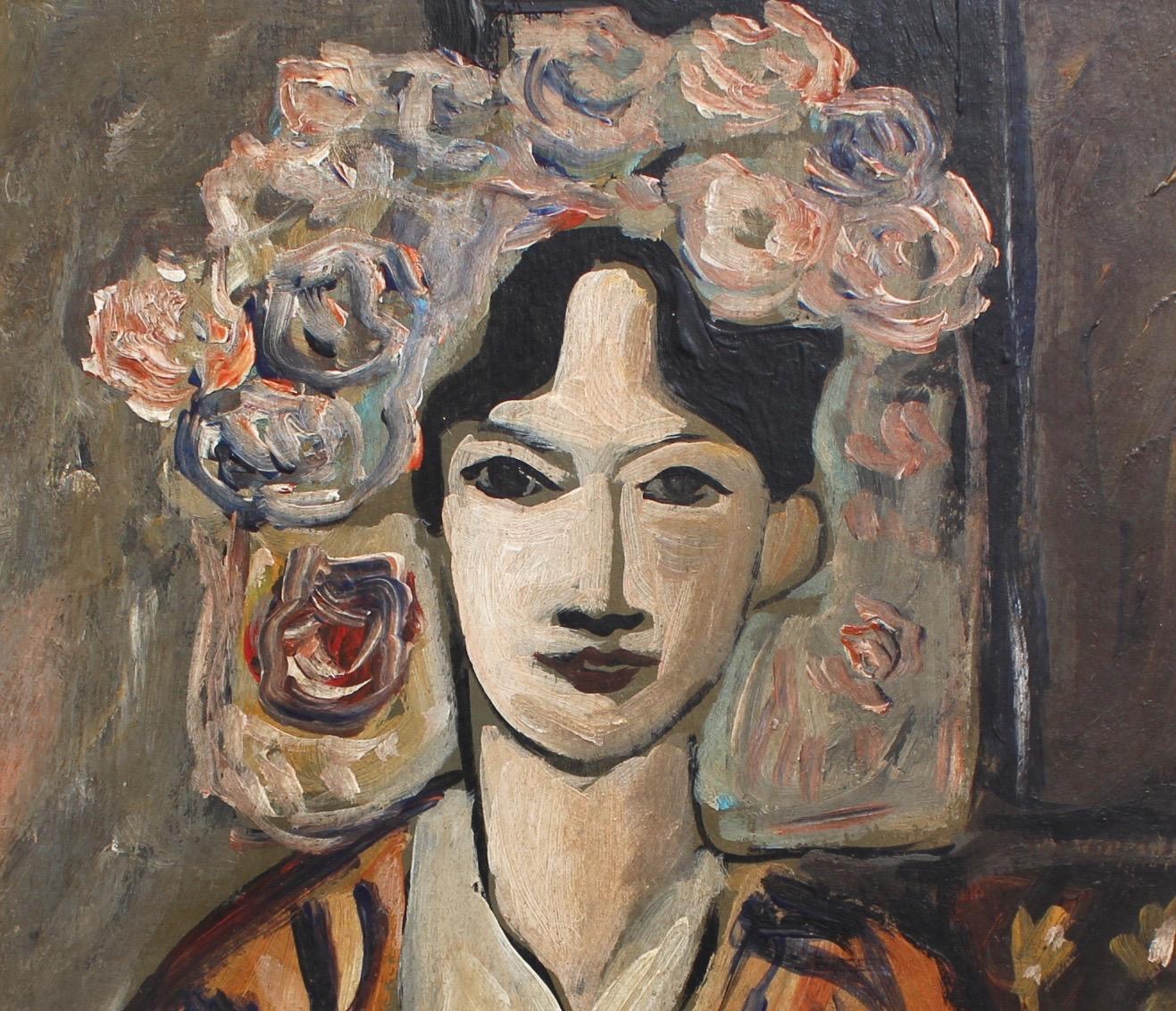  F.O.R., 'Flowered Woman in Robe', Midcentury Oil Portrait Painting, Berlin 1