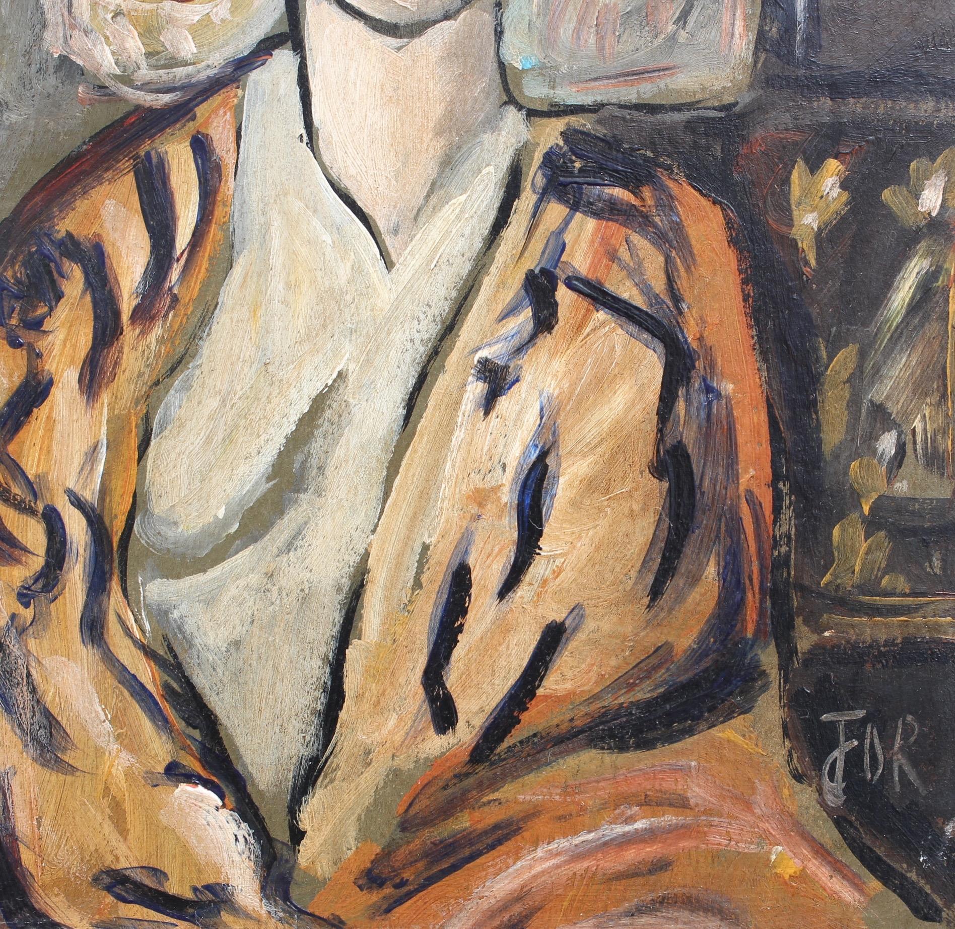  F.O.R., 'Flowered Woman in Robe', Midcentury Oil Portrait Painting, Berlin 5