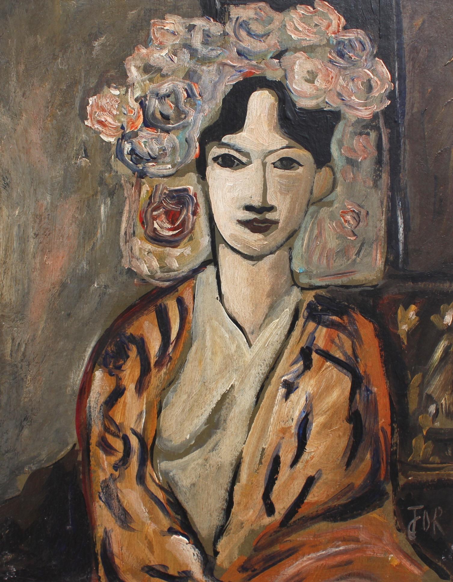 Unknown Figurative Painting -  F.O.R., 'Flowered Woman in Robe', Midcentury Oil Portrait Painting, Berlin