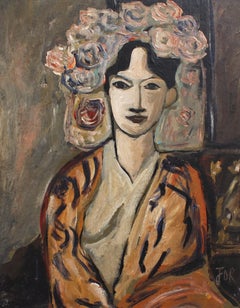 Vintage  F.O.R., 'Flowered Woman in Robe', Midcentury Oil Portrait Painting, Berlin