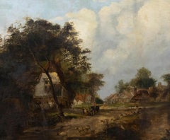 Huile du 19ème siècle - Un village anglais Idyll à restaurer