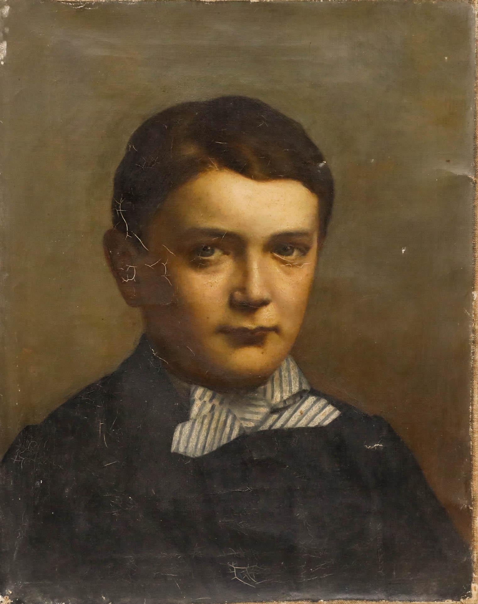For Restoration 19th Century Oil - Boy in a Striped Bow Tie - Painting by Unknown