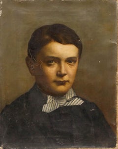 For Restoration 19th Century Oil - Boy in a Striped Bow Tie