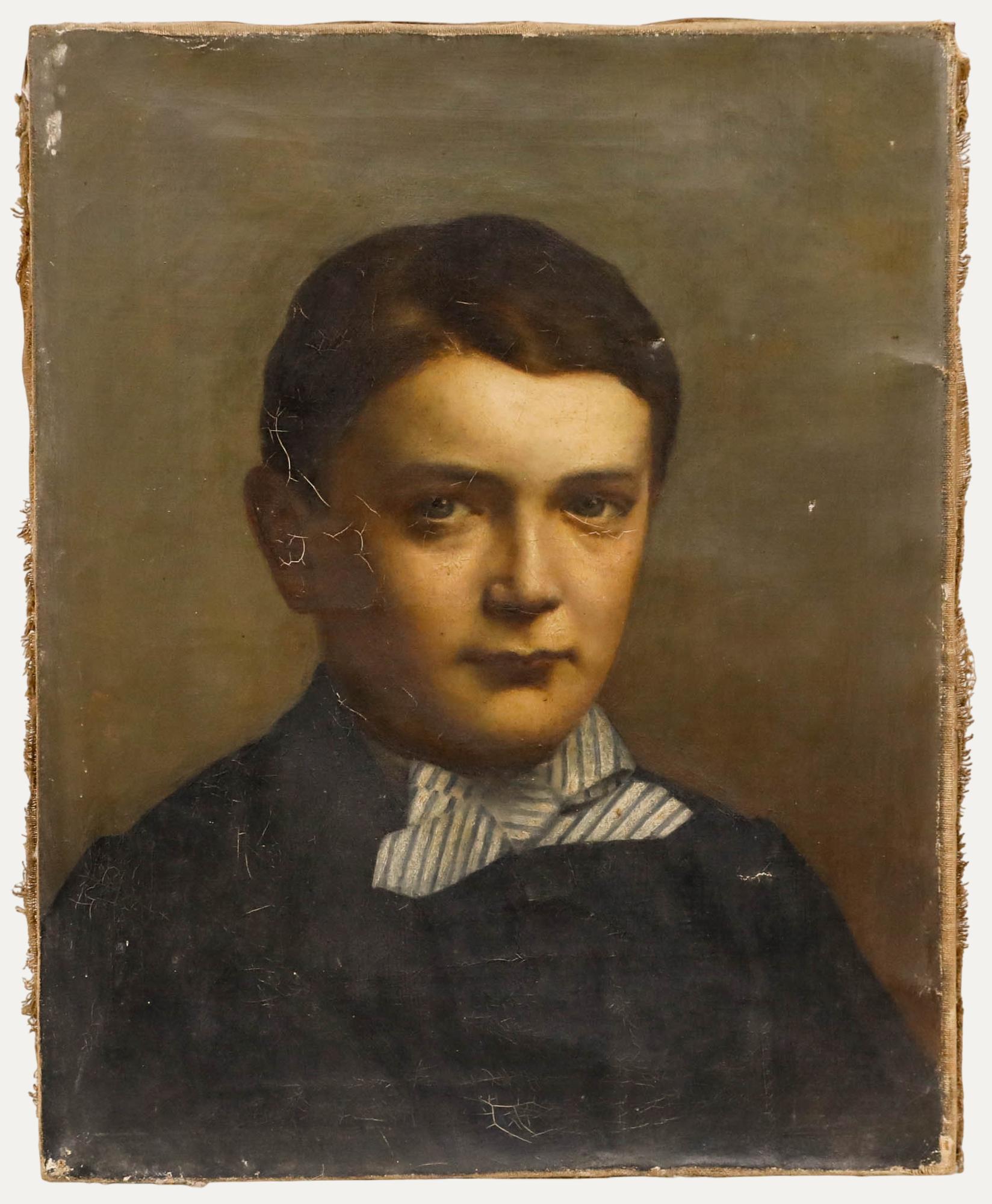 Unknown Portrait Painting - For Restoration 19th Century Oil - Boy in a Striped Bow Tie