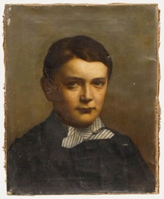 For Restoration 19th Century Oil - Boy in a Striped Bow Tie