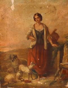 For Restoration 19th Century Oil - Shepherdess in a Landscape
