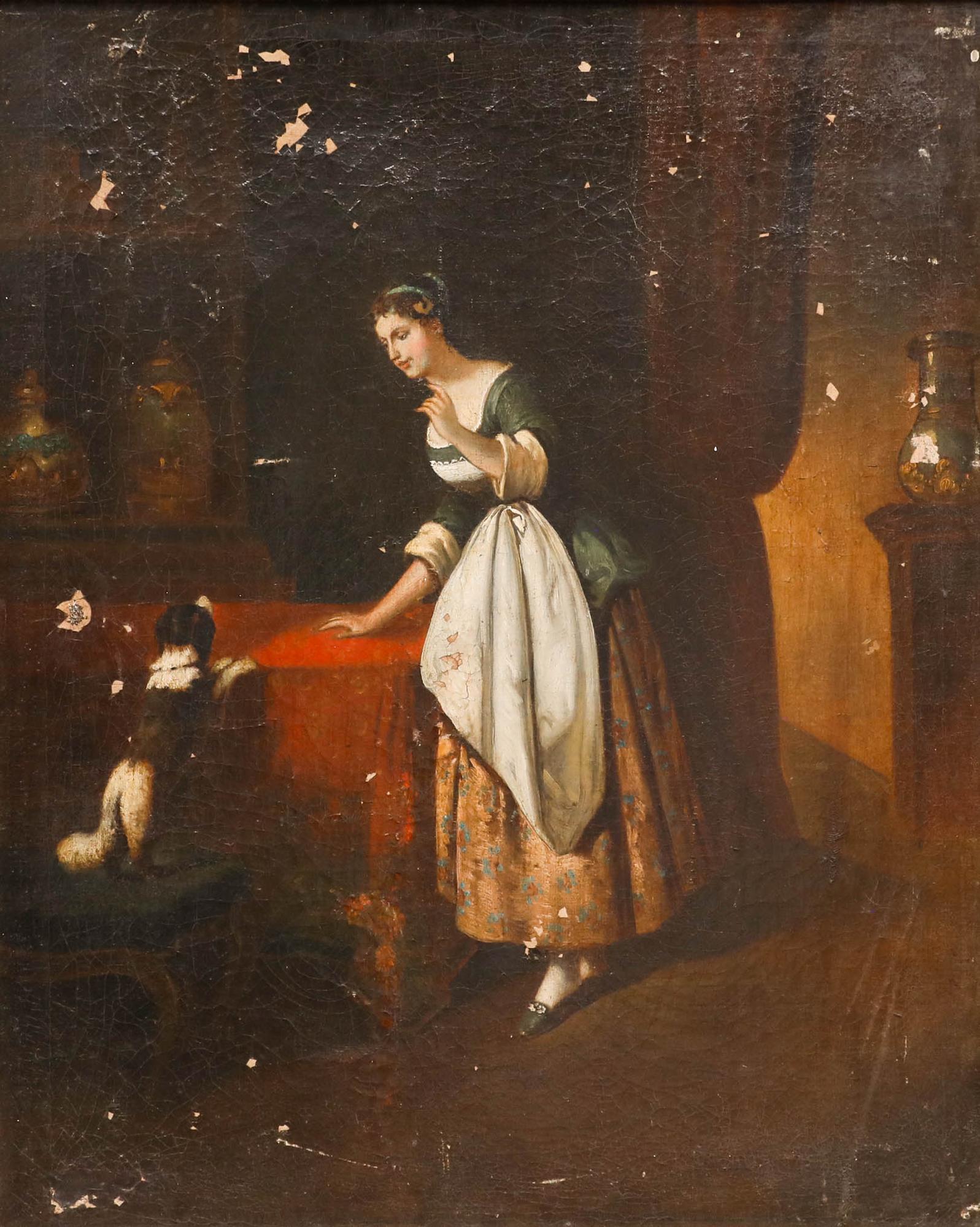 For Restoration 19th Century Oil - The Naughty Dog - Painting by Unknown
