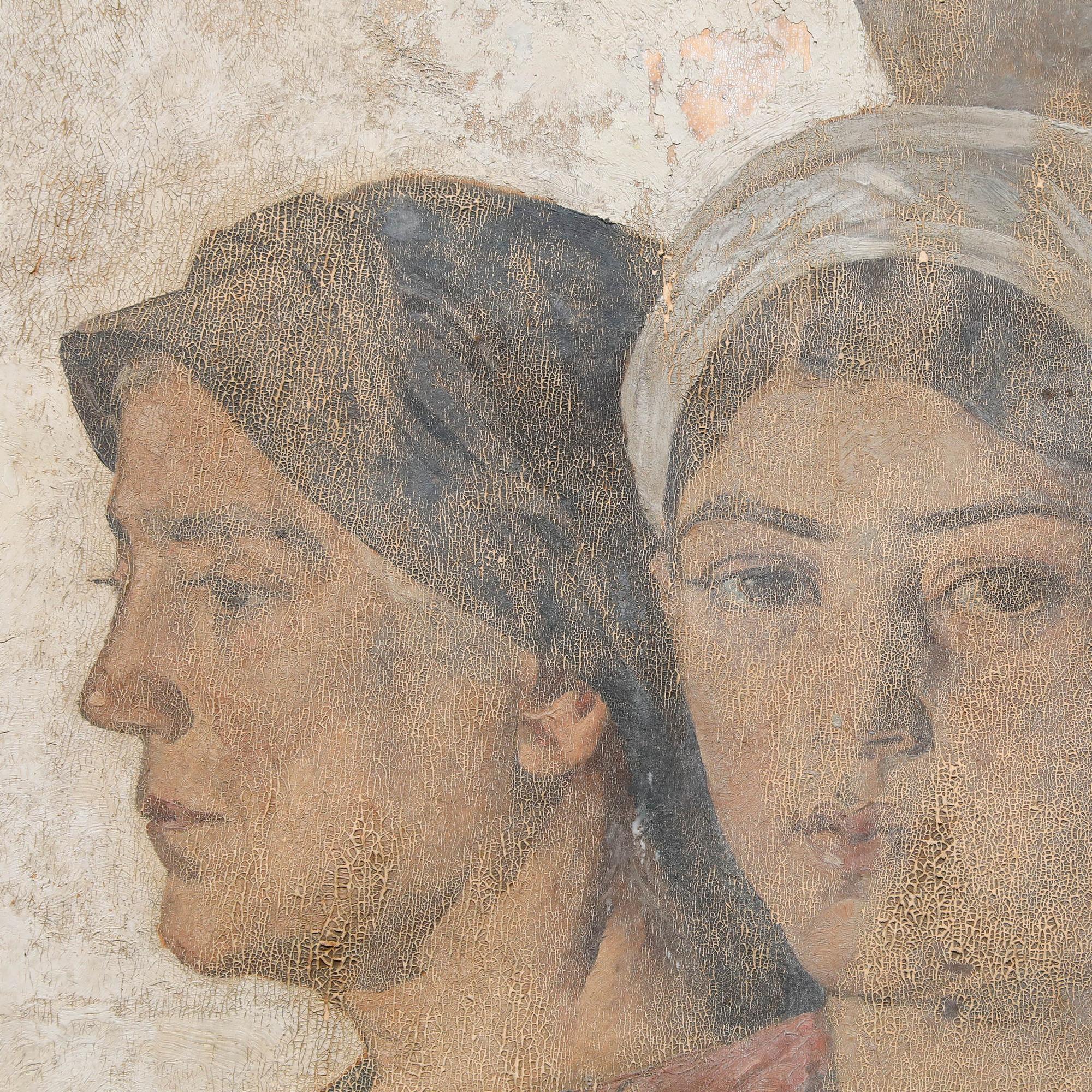An evocative early 20th-century oil painting depicting a mother and daughter. The composition is well-balanced, subtly conveying the symbiotic nature of their relationship. A finely executed work that combines emotional depth with strong visual