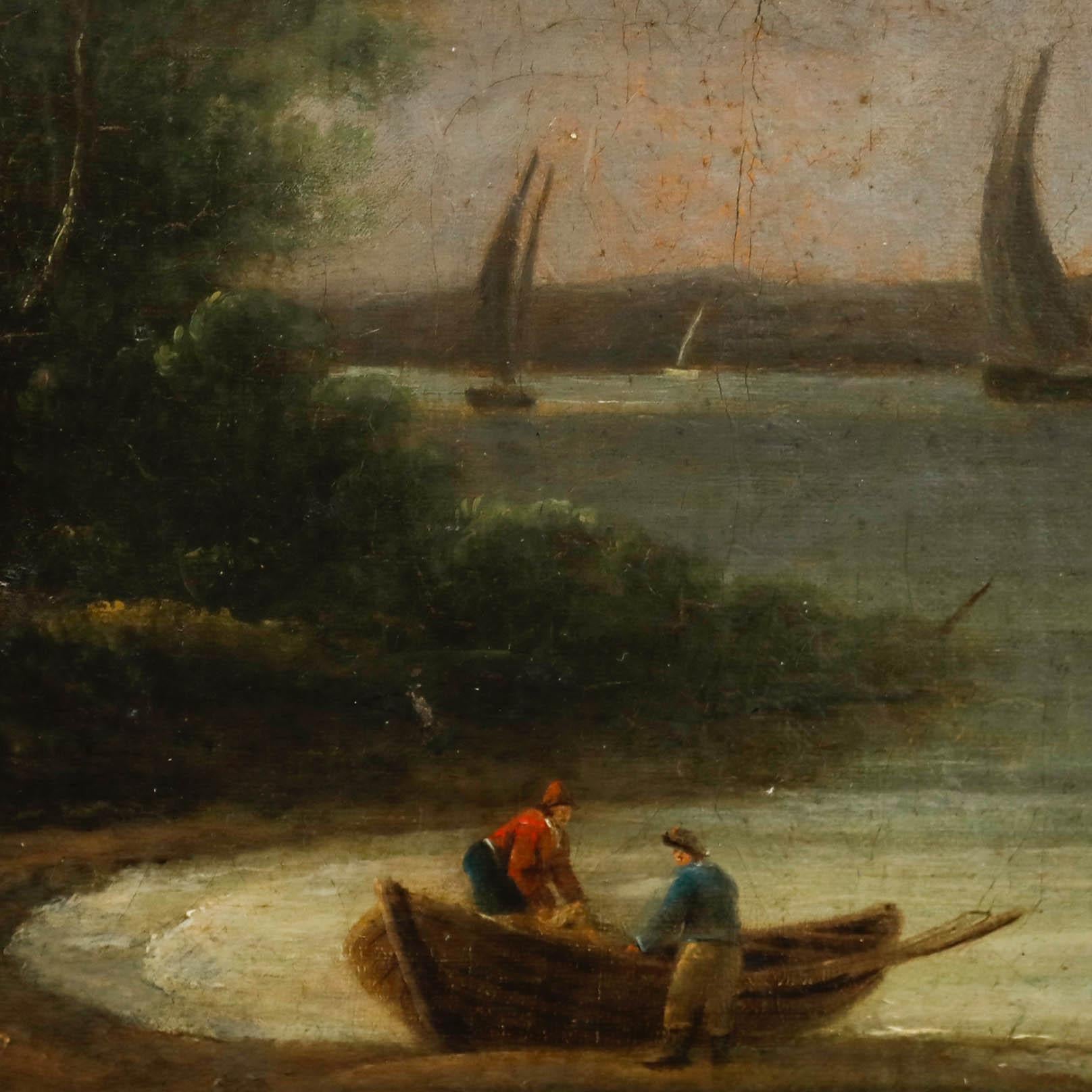 A quaint 19th century landscape with a cottage and lake. Well presented in an ornate gilt effect frame. Unsigned. On panel.