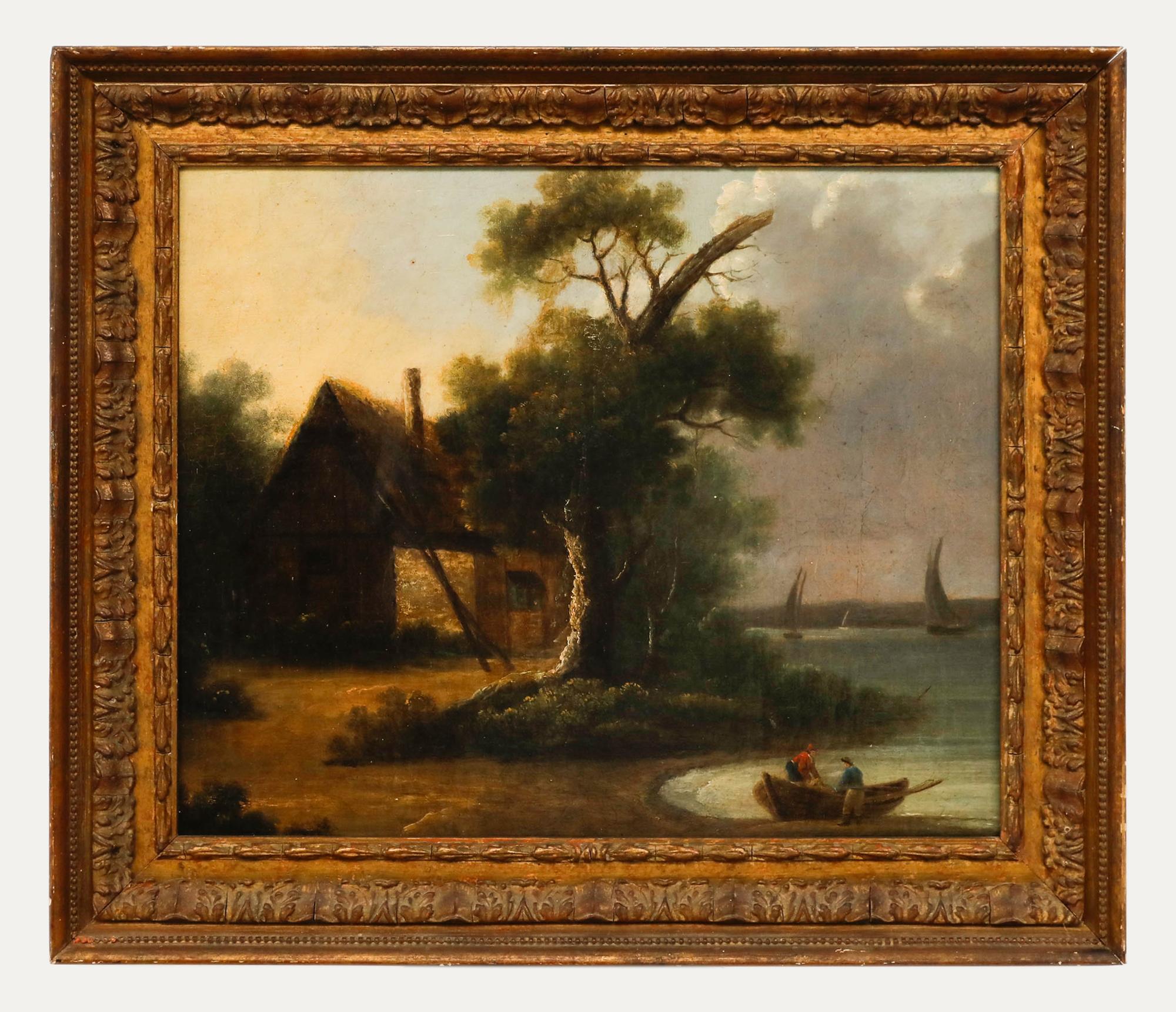 Unknown Landscape Painting - For Restoration - English School 19th Century Oil, Cottage of the Waterfront