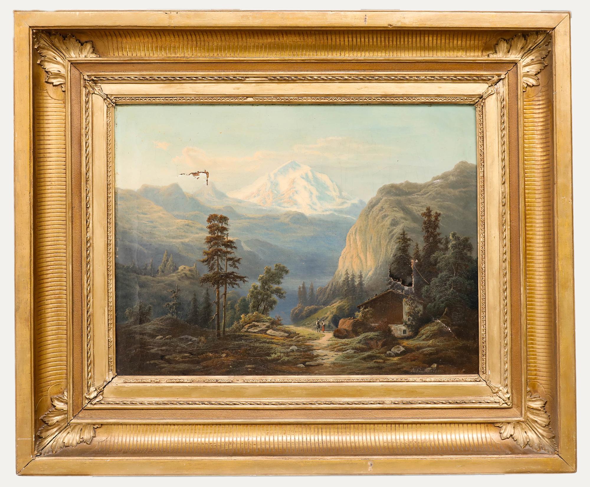 Huile du 19ème siècle encadrée « At Home in the Alps, For Restoration »