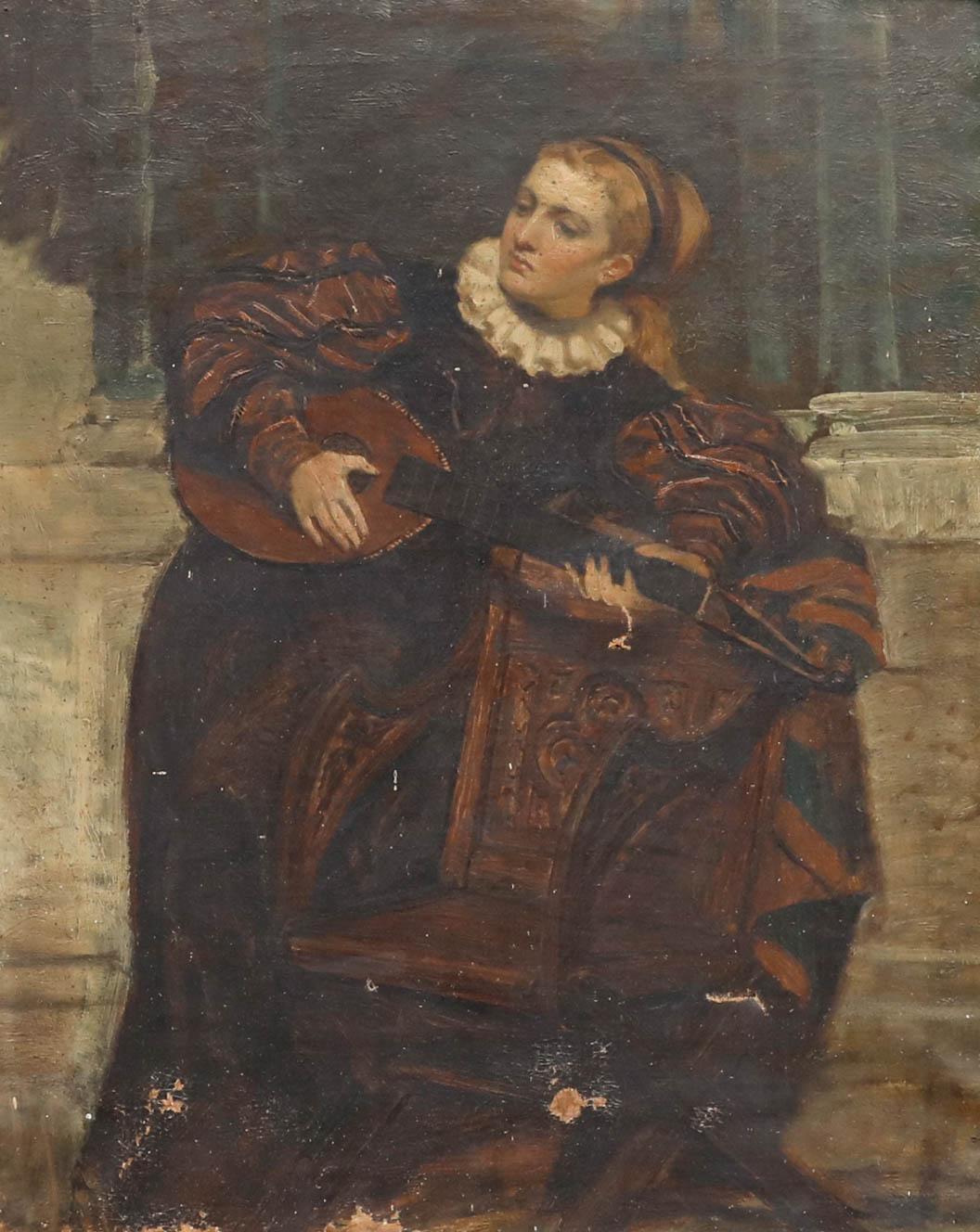 For Restoration - Framed 19th Century Oil, The Lute Player - Painting by Unknown